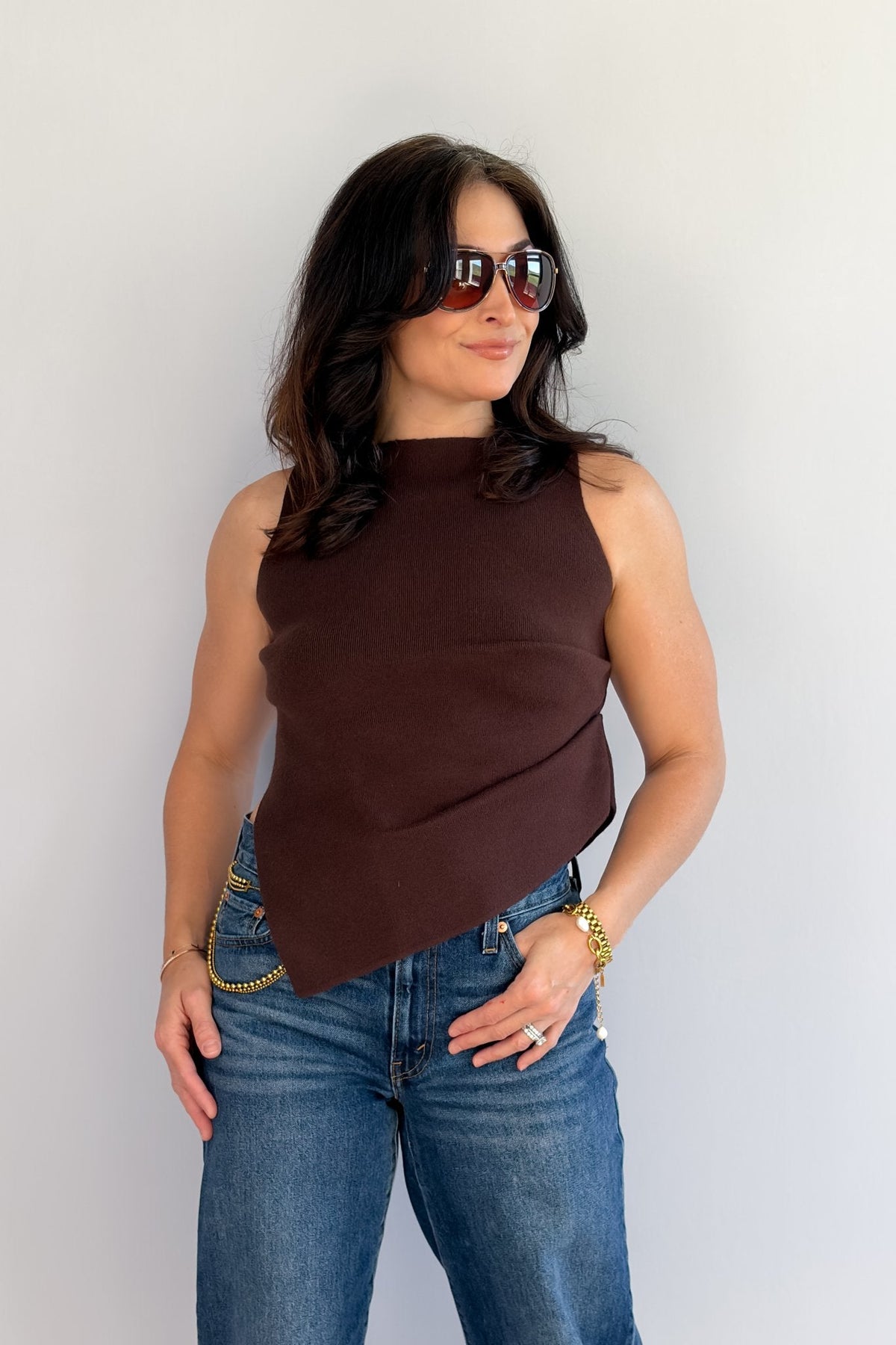 Women's Chocolate Brown Asymmetrical Mock Neck Knit Top - Women's Sweaters - Blooming Daily