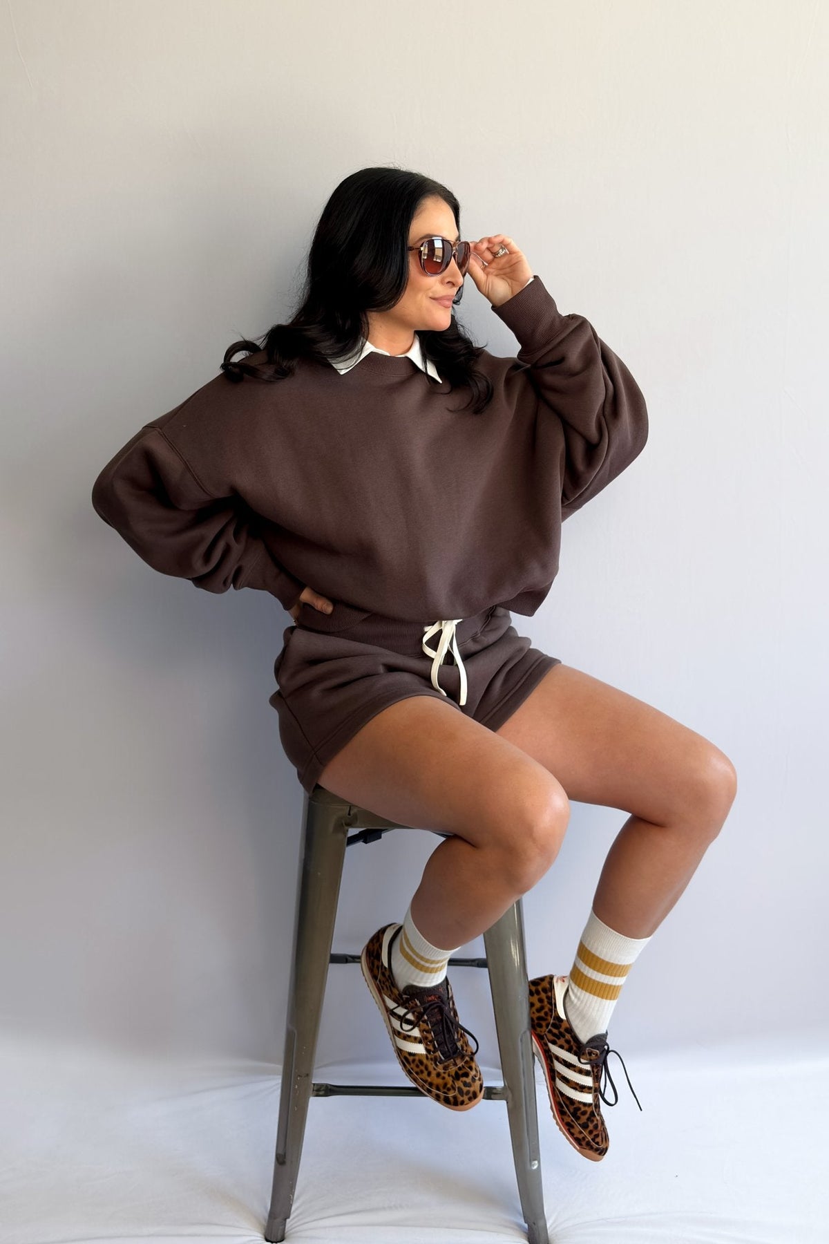 Women’s Chocolate Brown Oversized Sweatshirt &amp; High - Waist Shorts Set - Women&#39;s Shirts &amp; Tops - Blooming Daily
