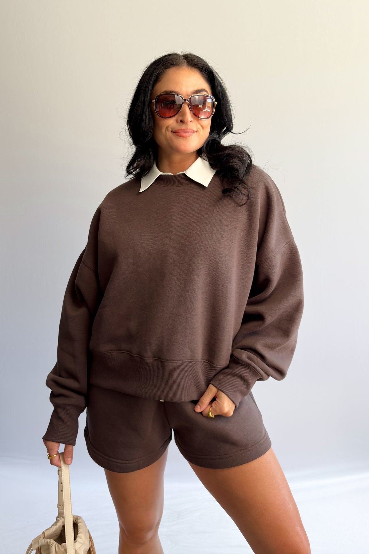 Women’s Chocolate Brown Oversized Sweatshirt &amp; High - Waist Shorts Set - Women&#39;s Shirts &amp; Tops - Blooming Daily
