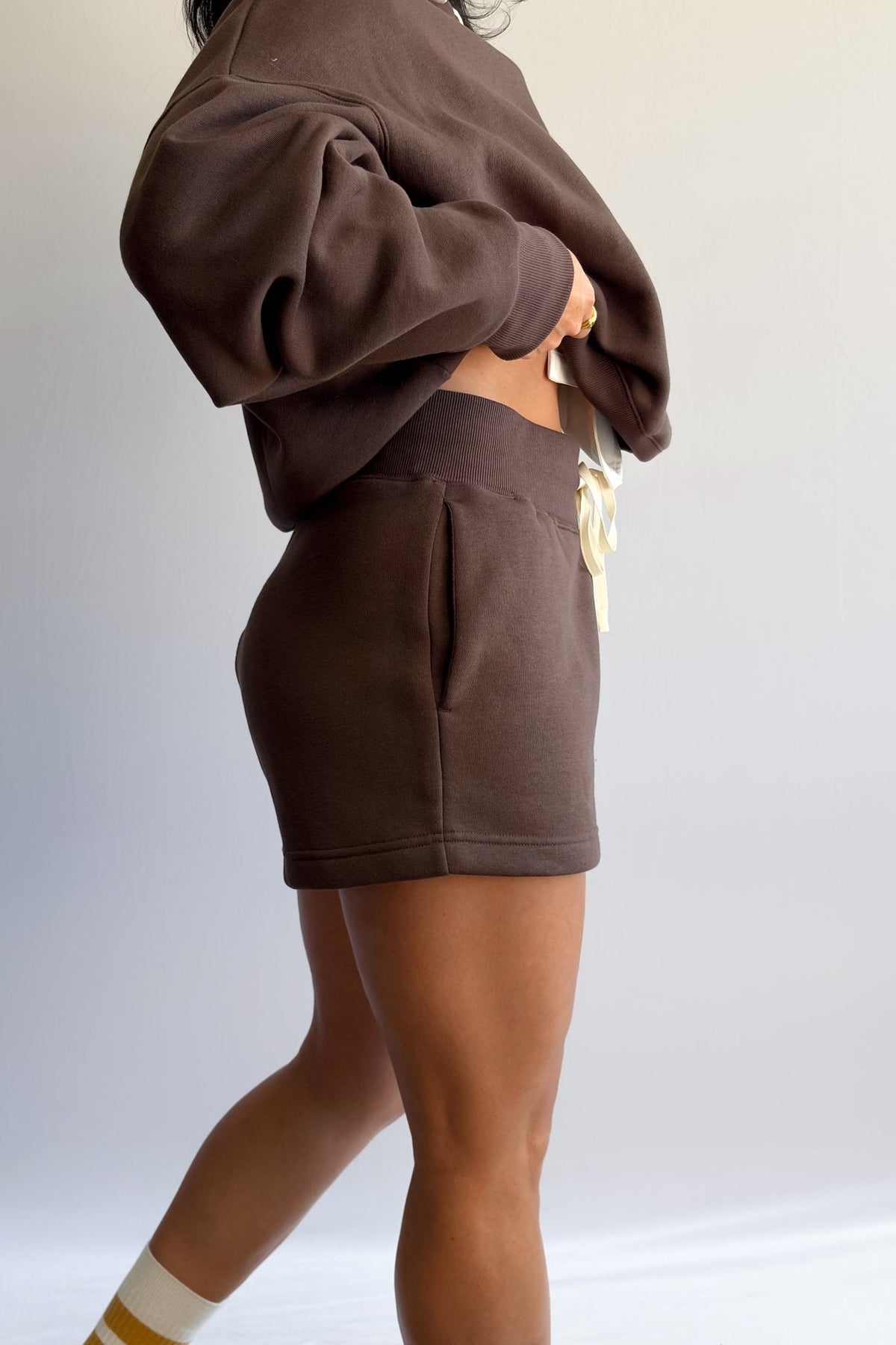 Women’s Chocolate Brown Oversized Sweatshirt &amp; High - Waist Shorts Set - Women&#39;s Shirts &amp; Tops - Blooming Daily