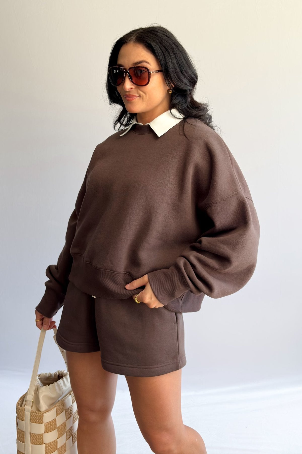 Women’s Chocolate Brown Oversized Sweatshirt &amp; High - Waist Shorts Set - Women&#39;s Shirts &amp; Tops - Blooming Daily