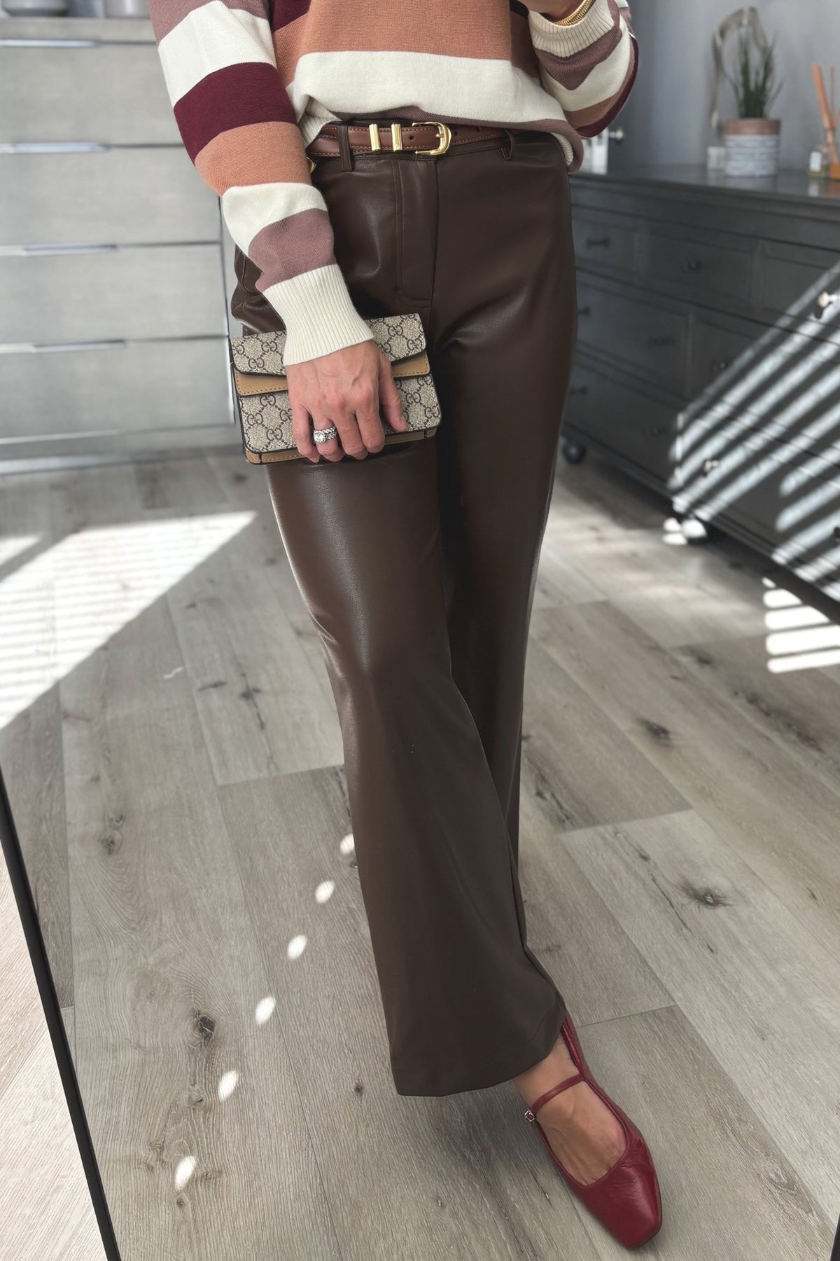 Women&#39;s Chocolate Soft Faux Leather Pants | Boyfriend Fit | Brown - Women&#39;s Pants - Blooming Daily