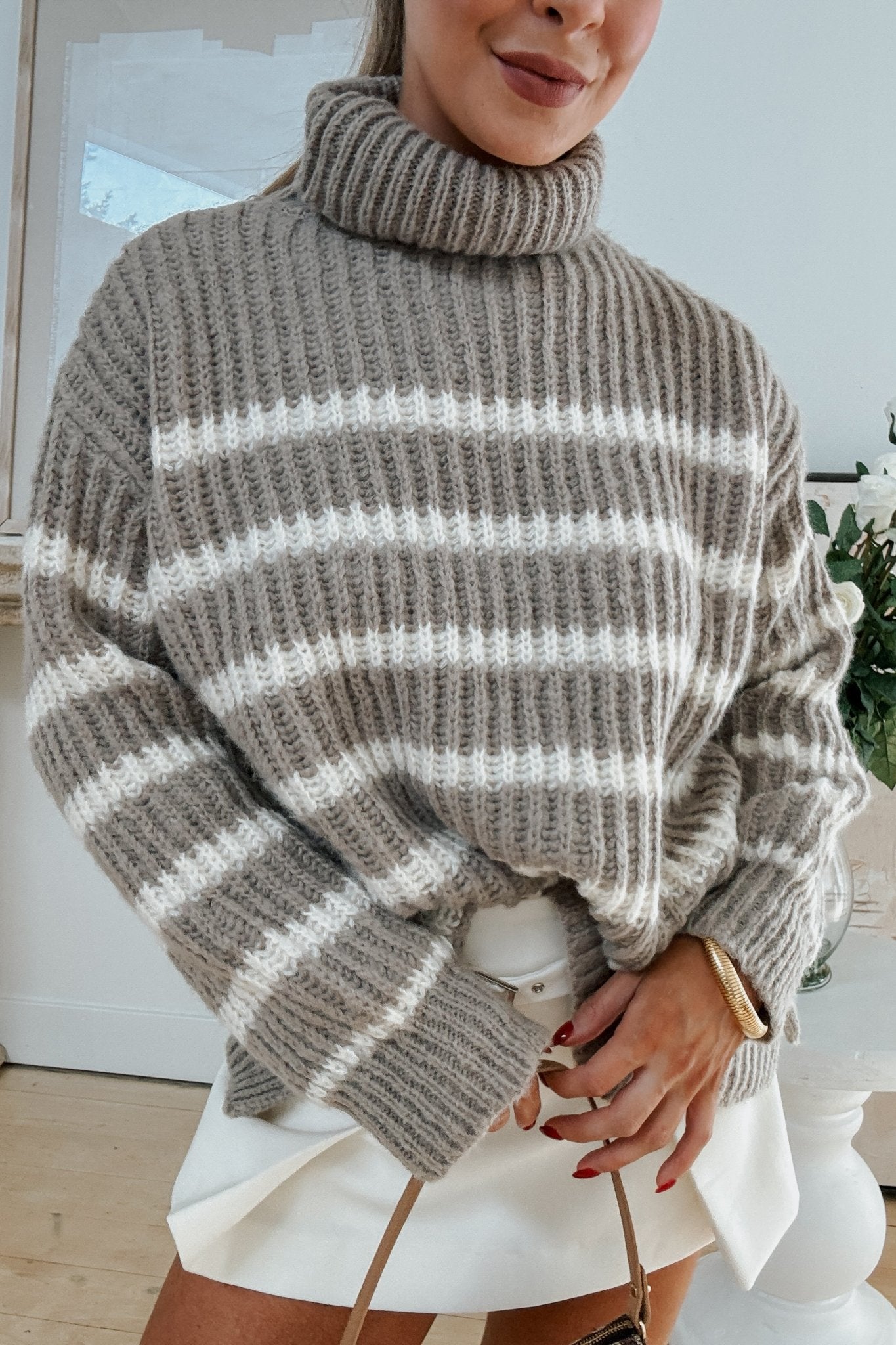 Women's Classic Preppy Oversized Stripe Chunky Knit Turtleneck | Moss Green - Women's Sweaters - Blooming Daily