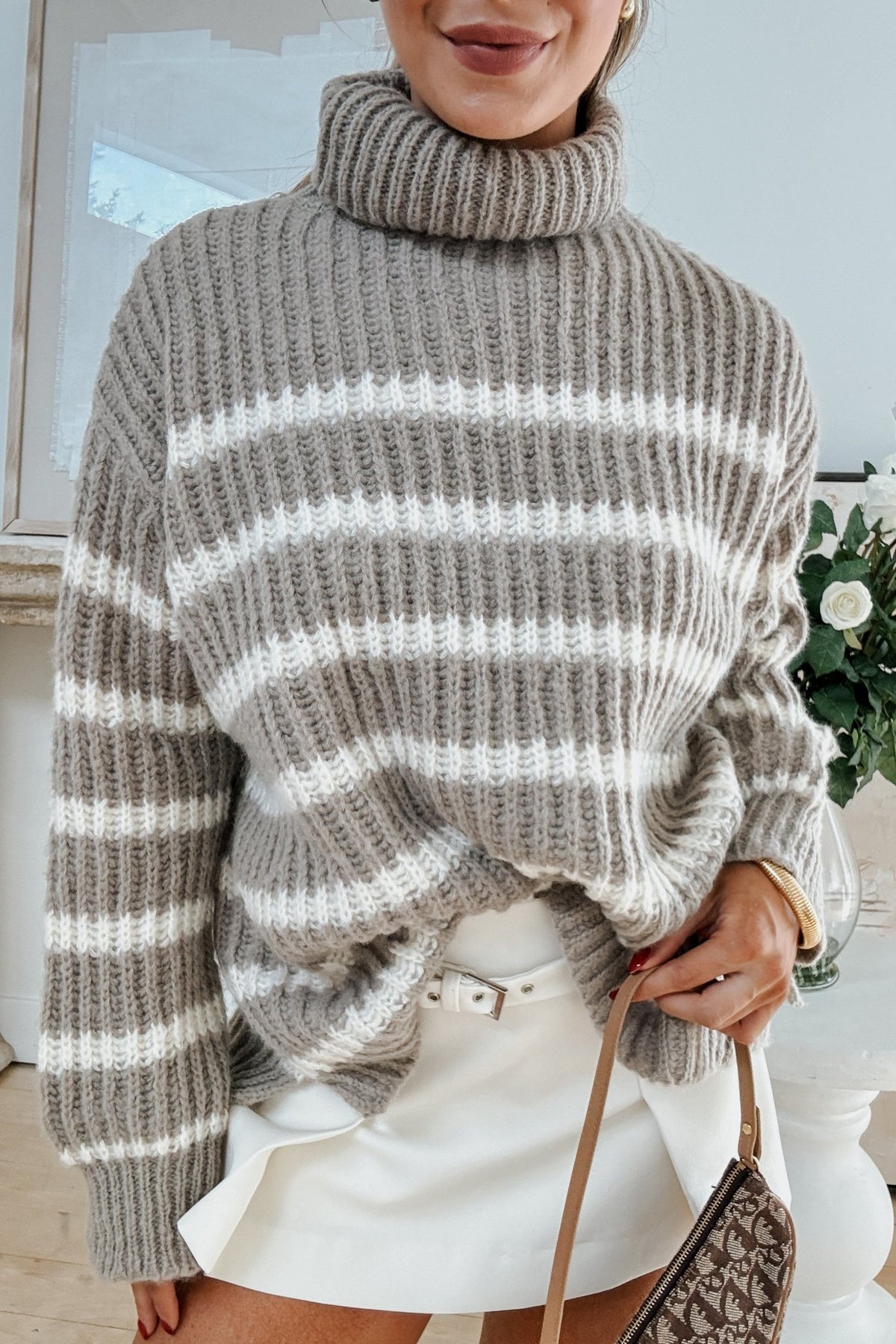 Women&#39;s Classic Preppy Oversized Stripe Chunky Knit Turtleneck | Moss Green - Women&#39;s Sweaters - Blooming Daily