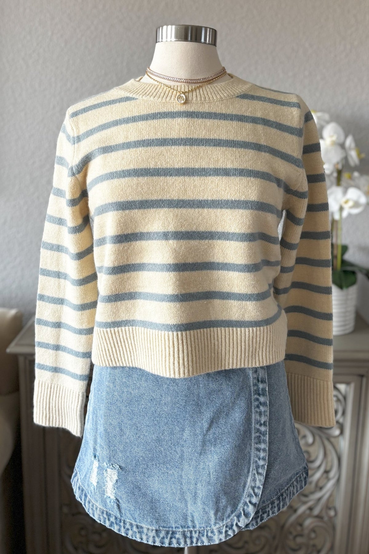 Women&#39;s Coquette Baby Blue Striped Knit Sweater Top | Cream - Women&#39;s Shirts &amp; Tops - Blooming Daily