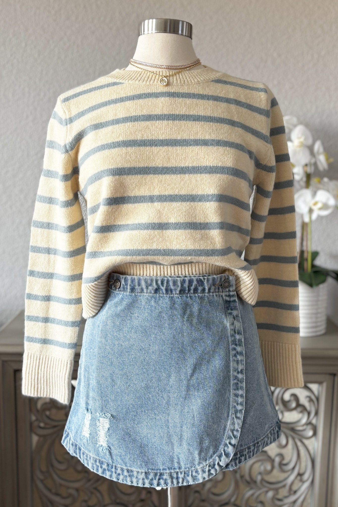 Women's Coquette Baby Blue Striped Knit Sweater Top | Cream - Women's Shirts & Tops - Blooming Daily