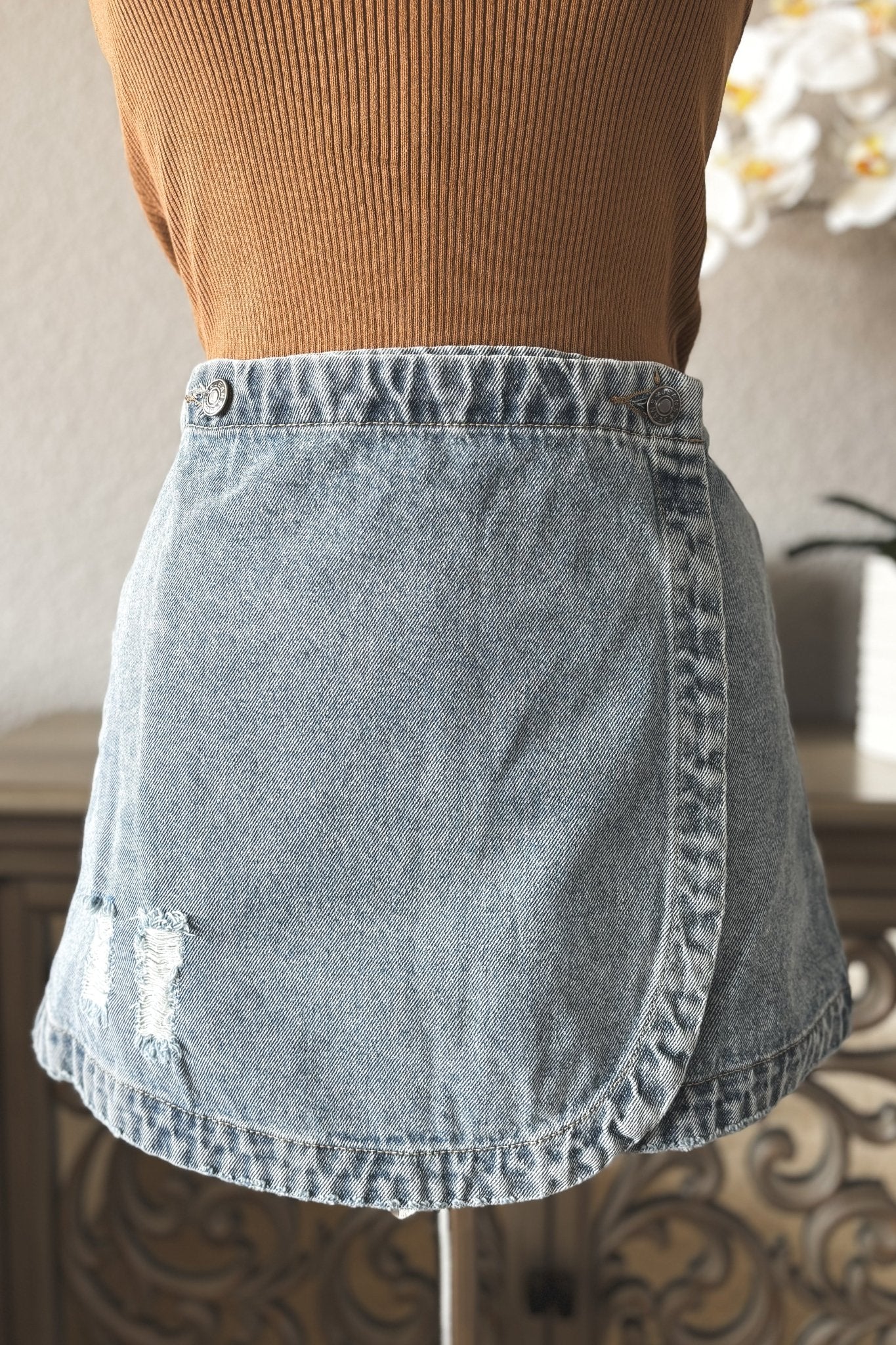 Women's Cotton Denim Wrap Skirt | Medium Wash | Blue - Women's Skirts - Blooming Daily