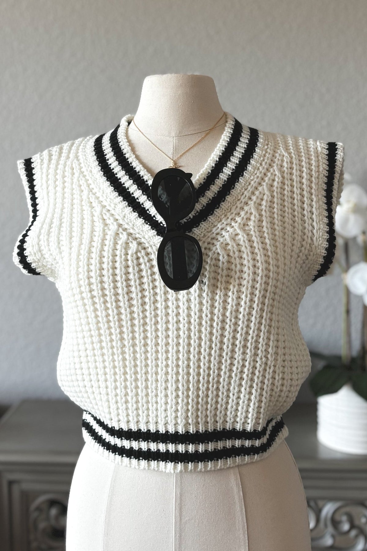 Women&#39;s Country Club V-Neck Sweater Vest | Ivory Black - Women&#39;s Shirts &amp; Tops - Blooming Daily