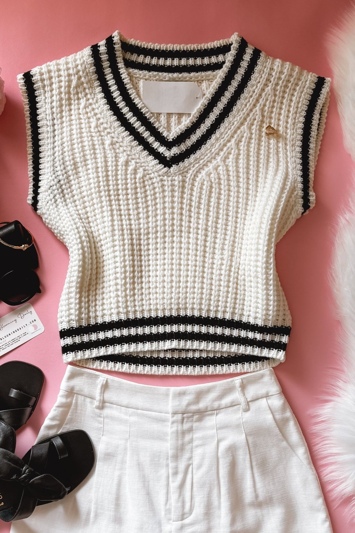 Women&#39;s Country Club V-Neck Sweater Vest | Ivory Black - Women&#39;s Shirts &amp; Tops - Blooming Daily