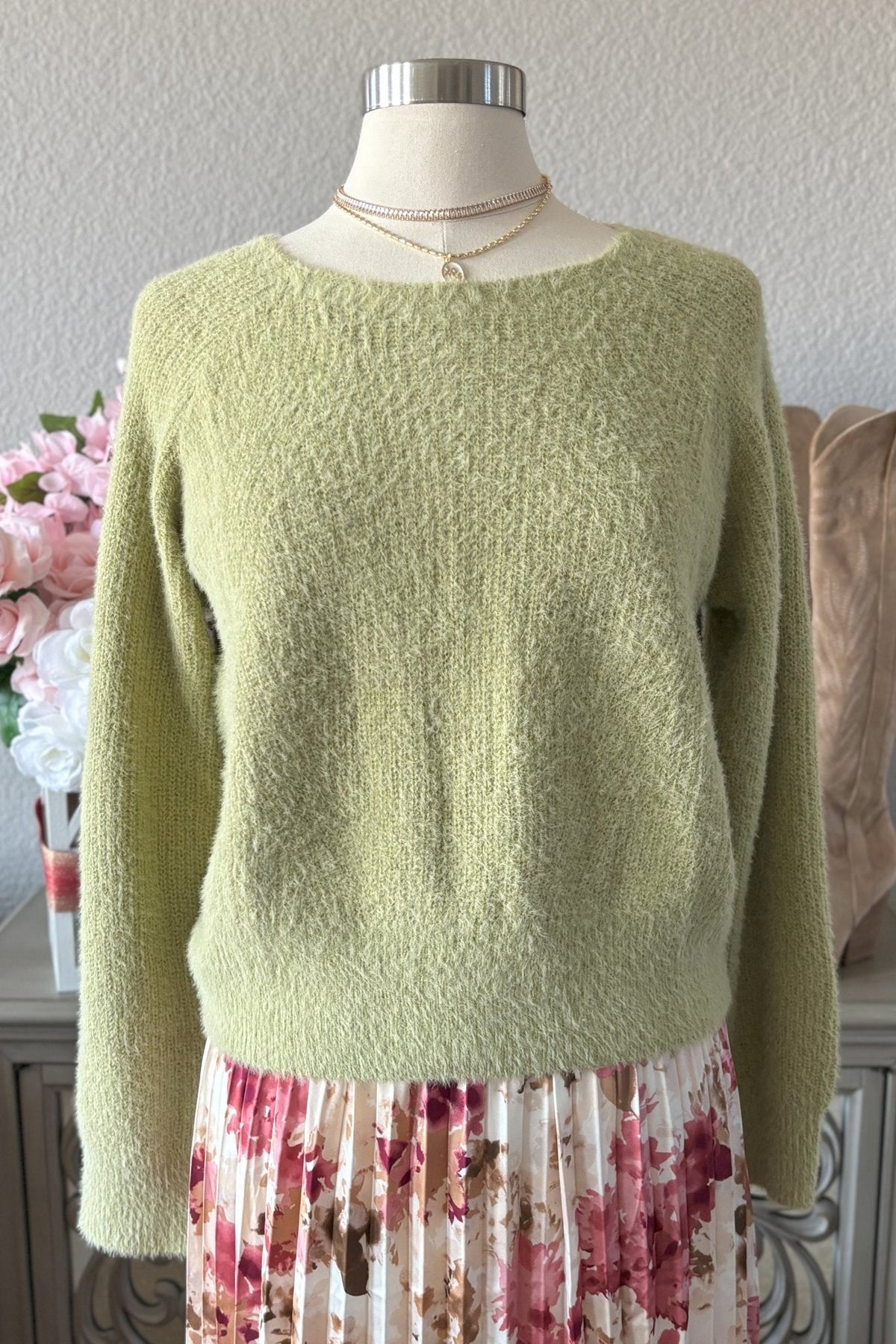 Women&#39;s Cozy Feminine Soft Fuzzy Knit Sweater Top | Soft Green - Women&#39;s Sweaters - Blooming Daily