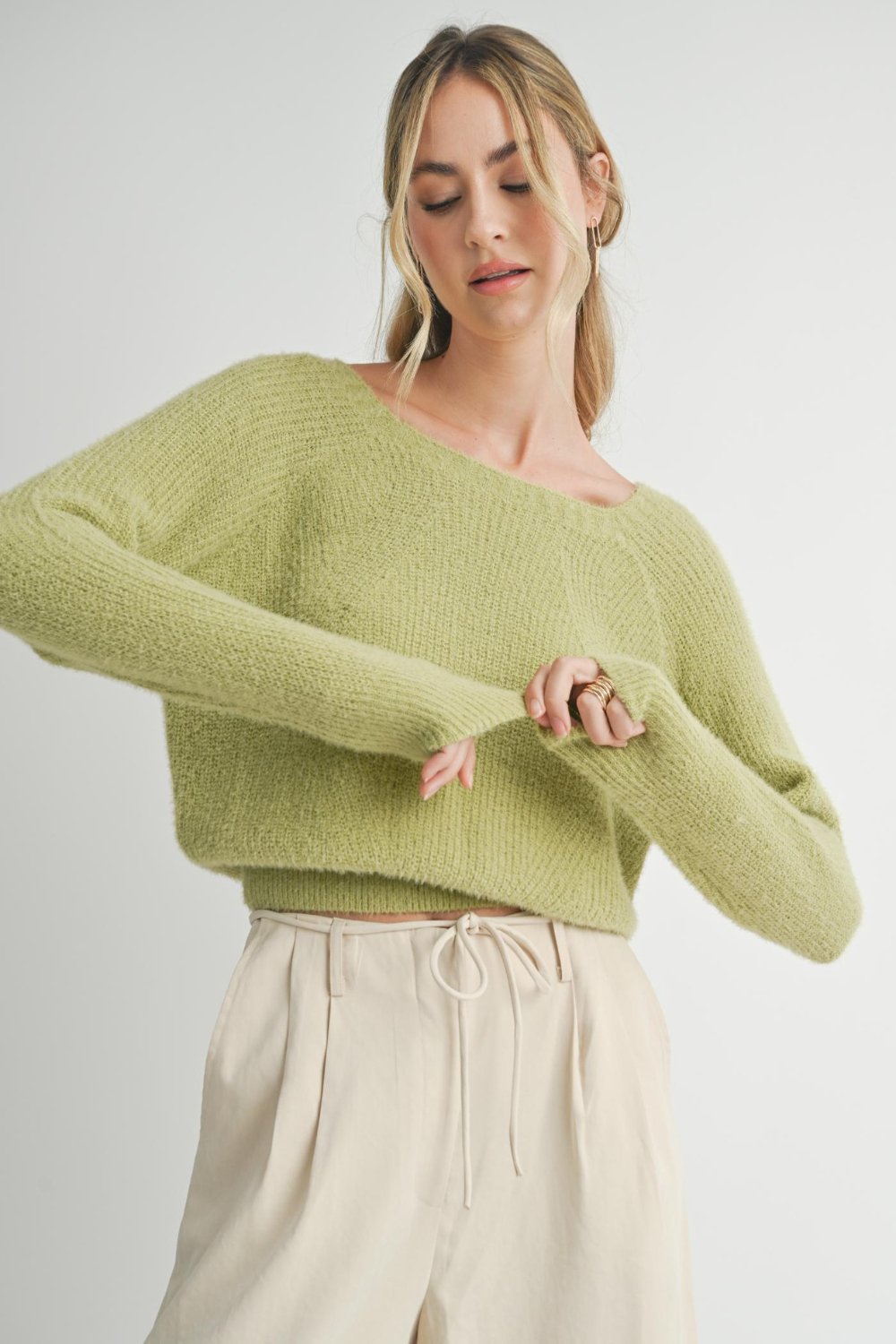 Women&#39;s Cozy Feminine Soft Fuzzy Knit Sweater Top | Soft Green - Women&#39;s Sweaters - Blooming Daily