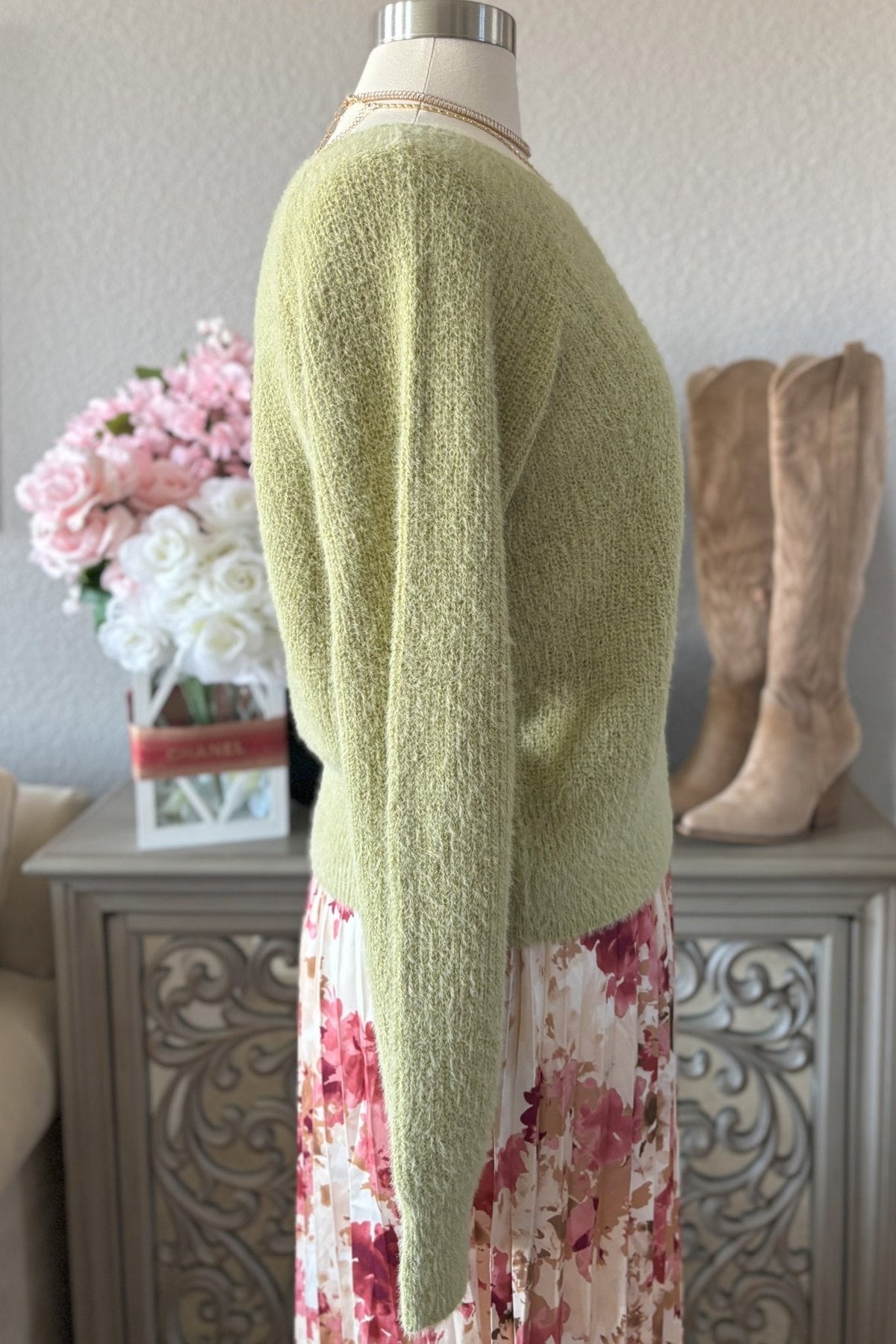 Women&#39;s Cozy Feminine Soft Fuzzy Knit Sweater Top | Soft Green - Women&#39;s Sweaters - Blooming Daily