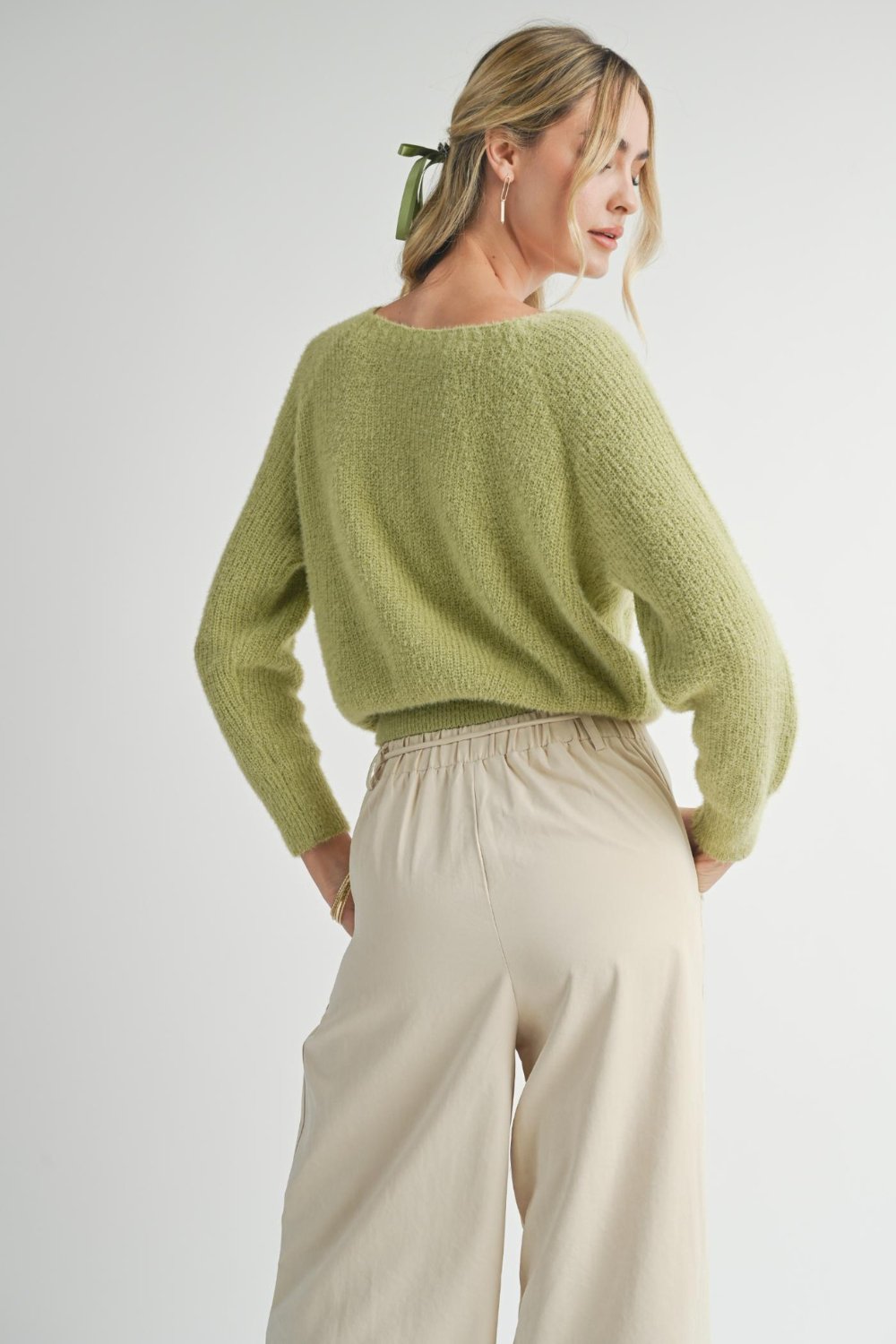 Women&#39;s Cozy Feminine Soft Fuzzy Knit Sweater Top | Soft Green - Women&#39;s Sweaters - Blooming Daily