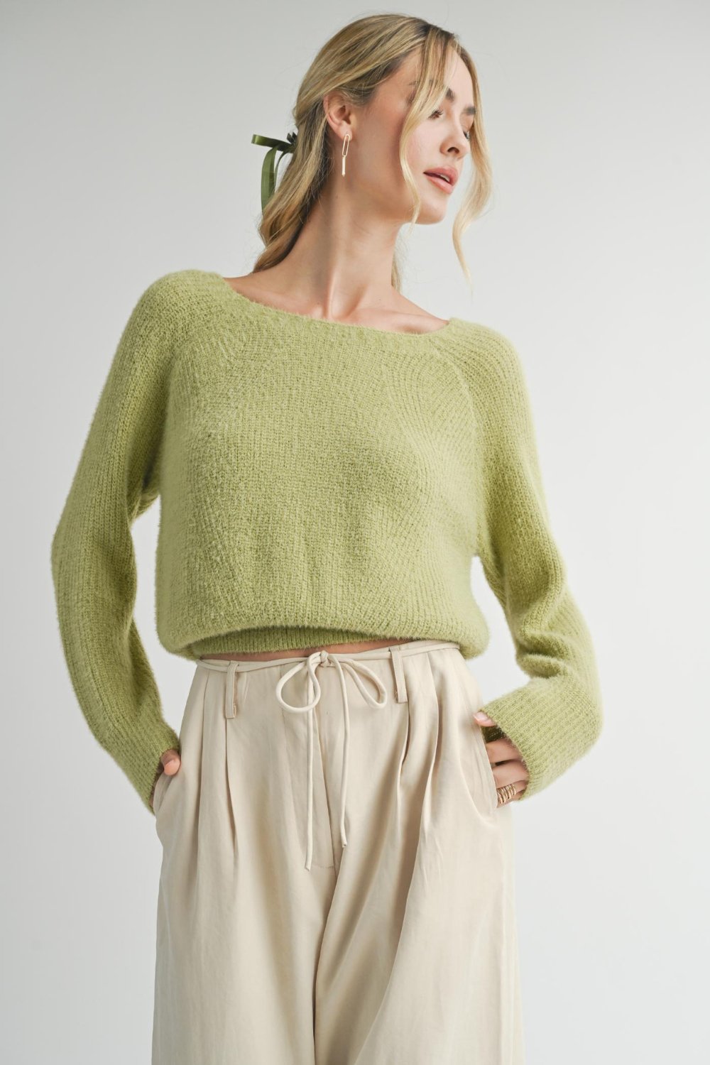 Women&#39;s Cozy Feminine Soft Fuzzy Knit Sweater Top | Soft Green - Women&#39;s Sweaters - Blooming Daily