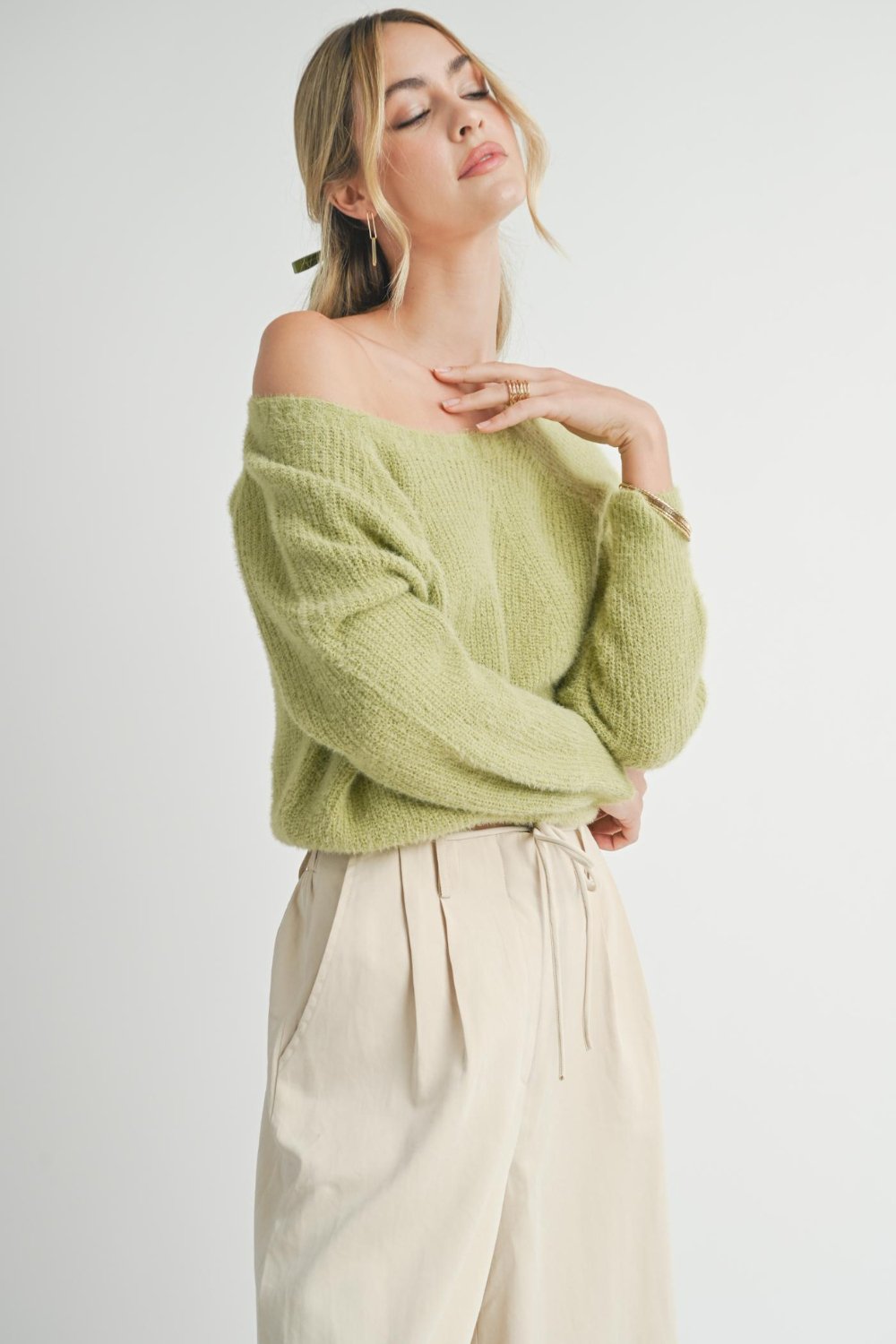 Women&#39;s Cozy Feminine Soft Fuzzy Knit Sweater Top | Soft Green - Women&#39;s Sweaters - Blooming Daily