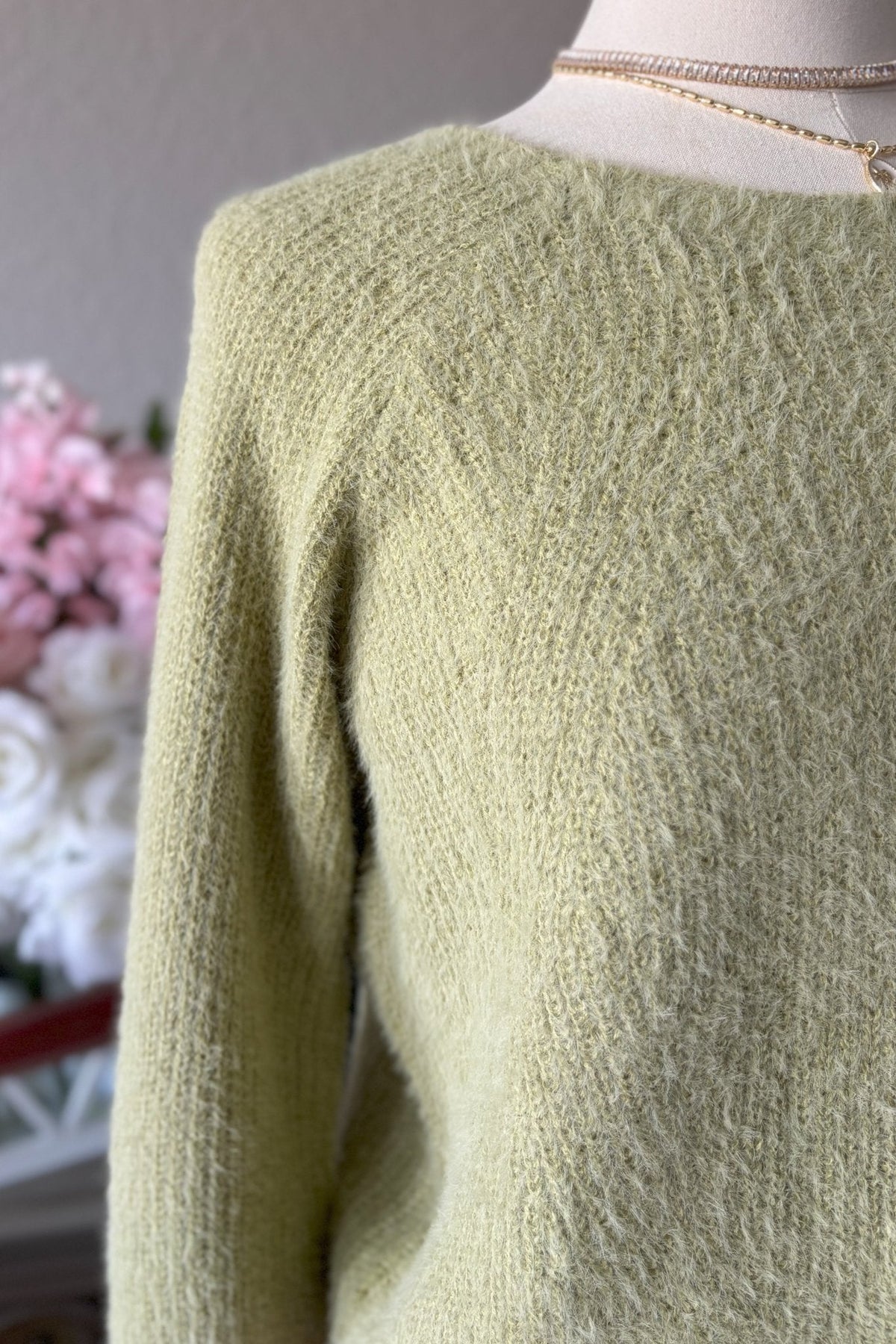 Women&#39;s Cozy Feminine Soft Fuzzy Knit Sweater Top | Soft Green - Women&#39;s Sweaters - Blooming Daily