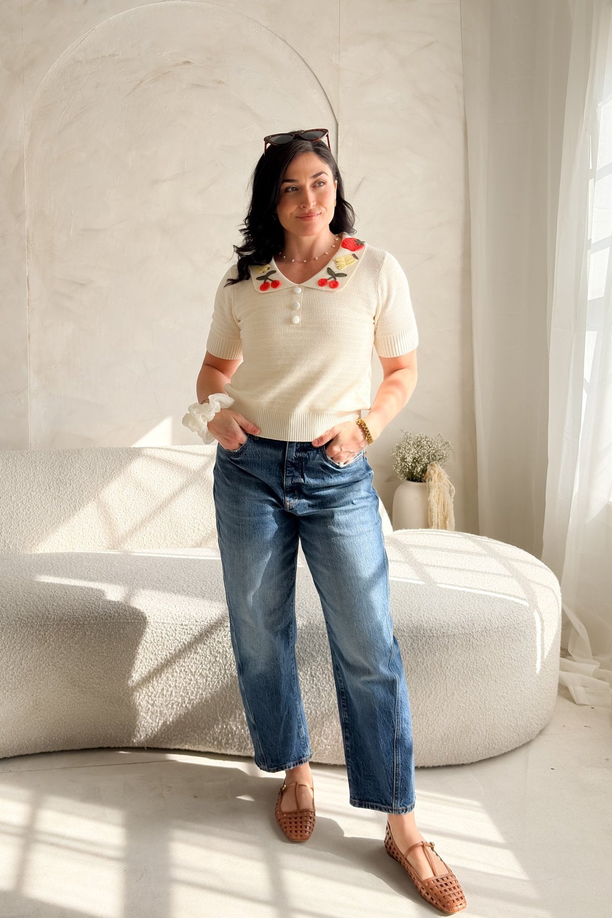Women’s Cream Cherry Collar Knit Top – Short Sleeve - Women's Shirts & Tops - Blooming Daily