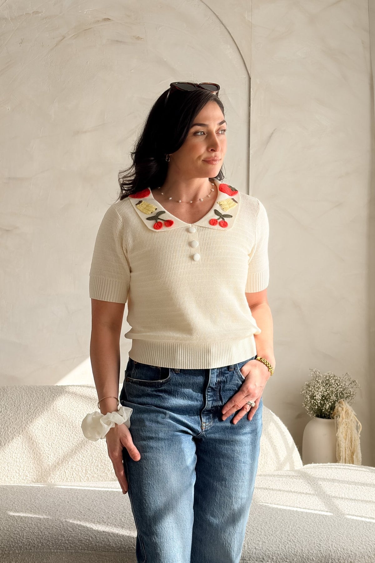 Women’s Cream Cherry Collar Knit Top – Short Sleeve - Women's Shirts & Tops - Blooming Daily