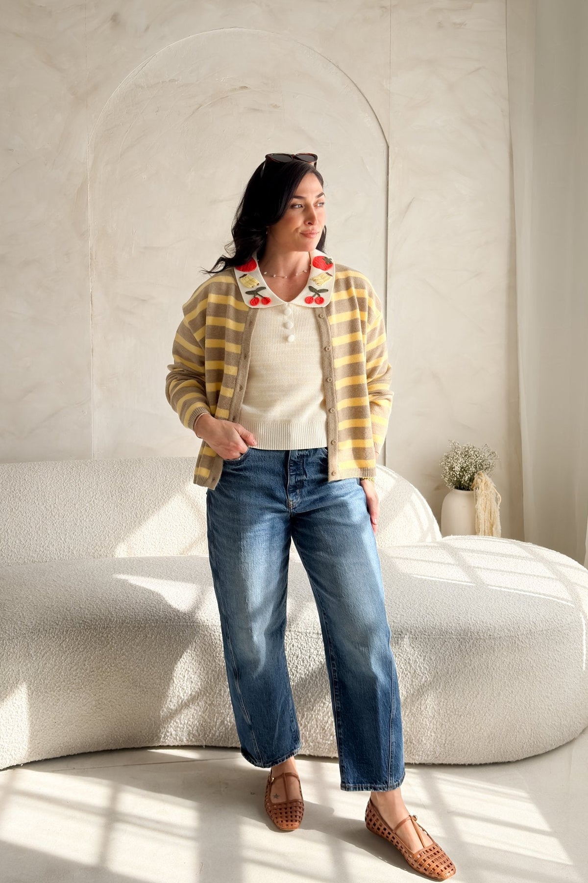 Women’s Cream Cherry Collar Knit Top – Short Sleeve - Women's Shirts & Tops - Blooming Daily