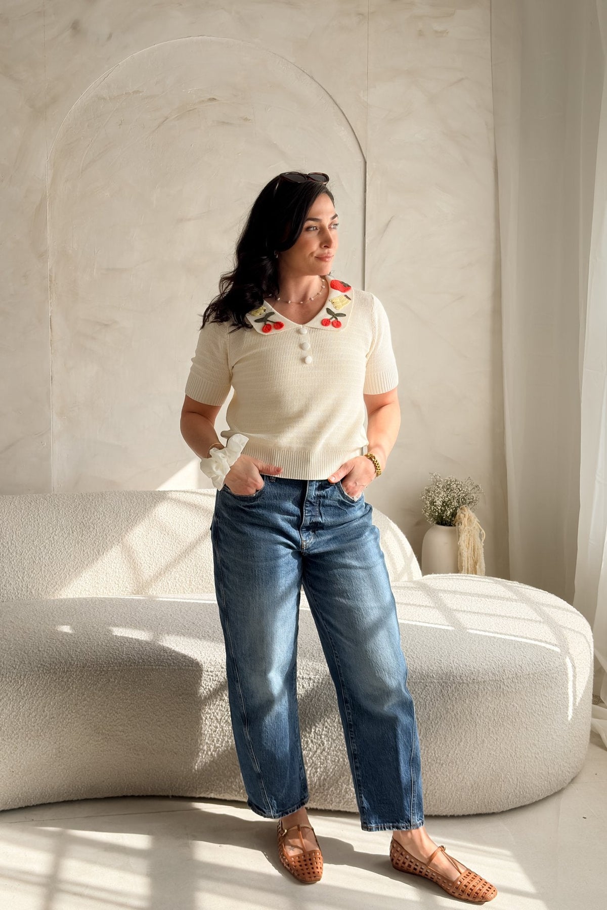 Women’s Cream Cherry Collar Knit Top – Short Sleeve - Women's Shirts & Tops - Blooming Daily