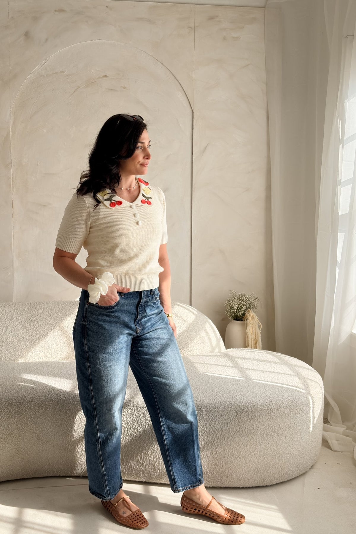 Women’s Cream Cherry Collar Knit Top – Short Sleeve - Women's Shirts & Tops - Blooming Daily