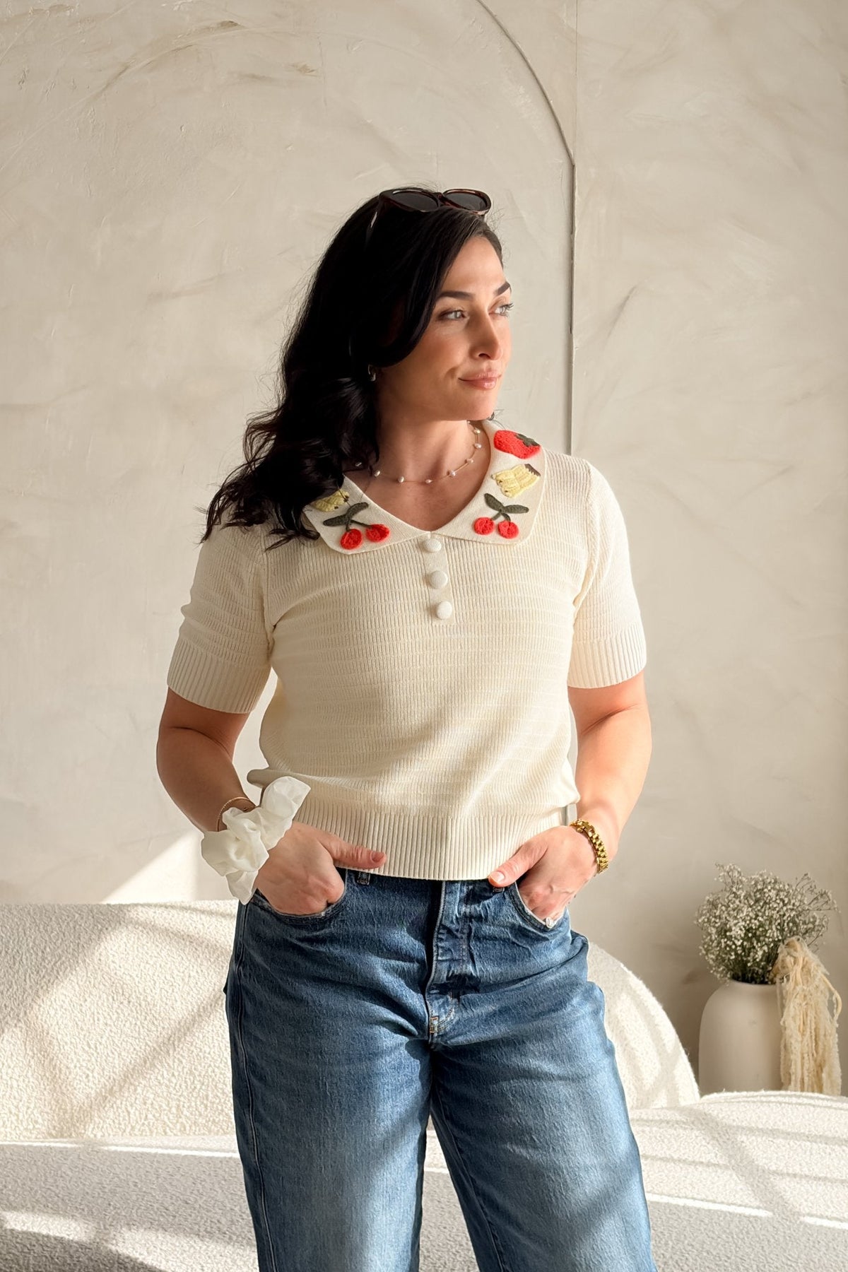 Women’s Cream Cherry Collar Knit Top – Short Sleeve - Women's Shirts & Tops - Blooming Daily