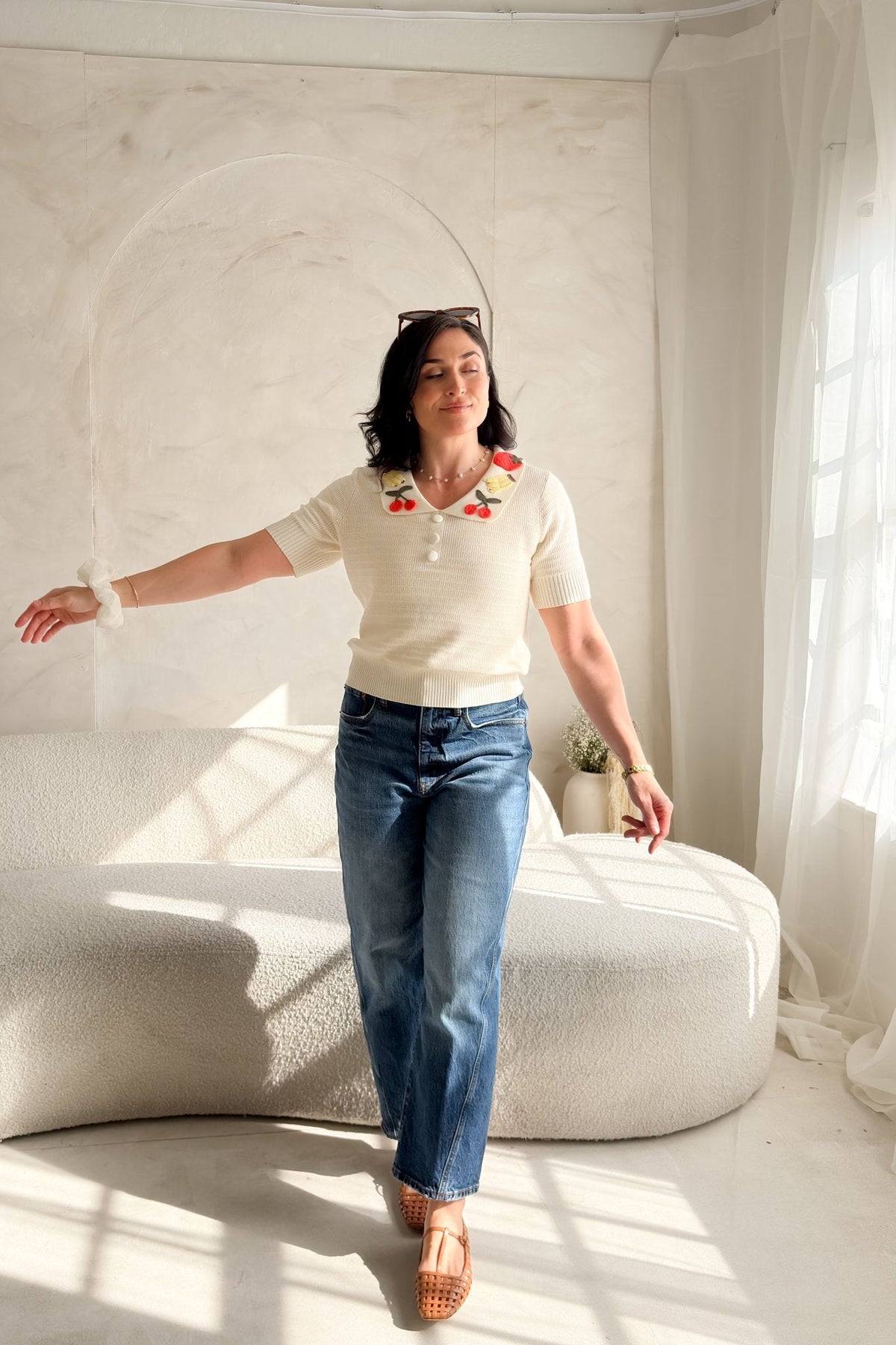 Women’s Cream Cherry Collar Knit Top – Short Sleeve - Women's Shirts & Tops - Blooming Daily