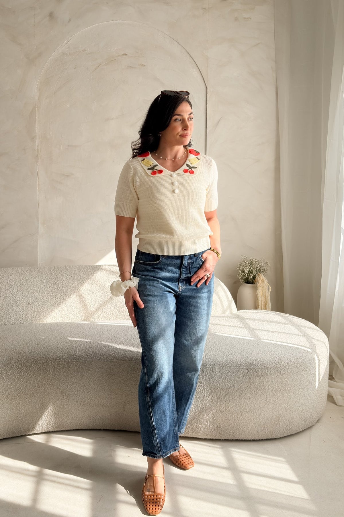 Women’s Cream Cherry Collar Knit Top – Short Sleeve - Women's Shirts & Tops - Blooming Daily