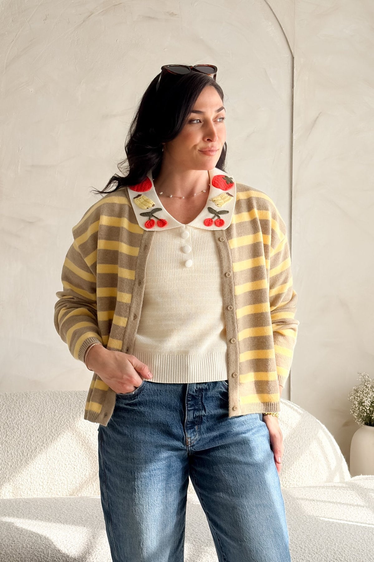 Women’s Cream Cherry Collar Knit Top – Short Sleeve - Women's Shirts & Tops - Blooming Daily