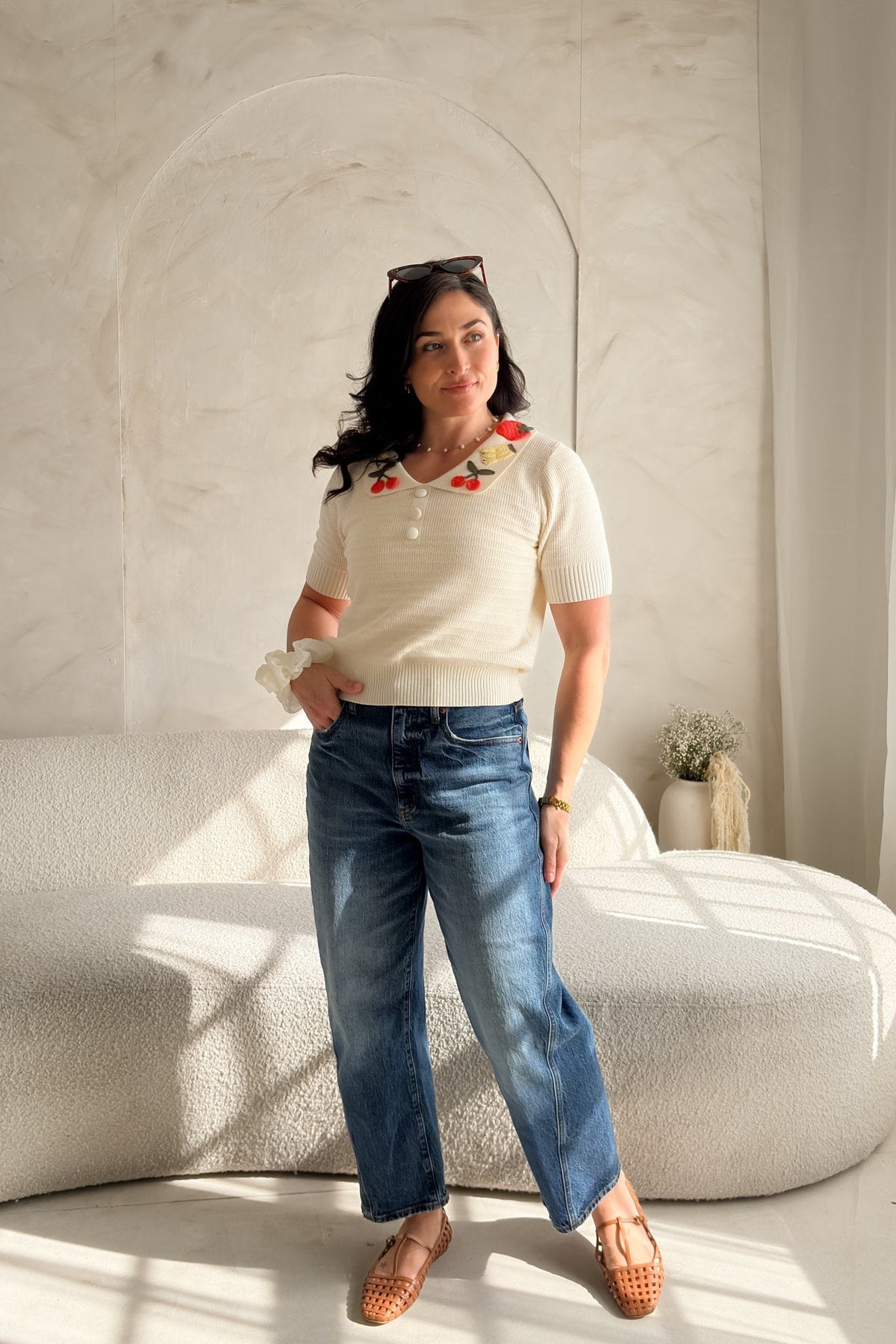 Women’s Cream Cherry Collar Knit Top – Short Sleeve - Women's Shirts & Tops - Blooming Daily