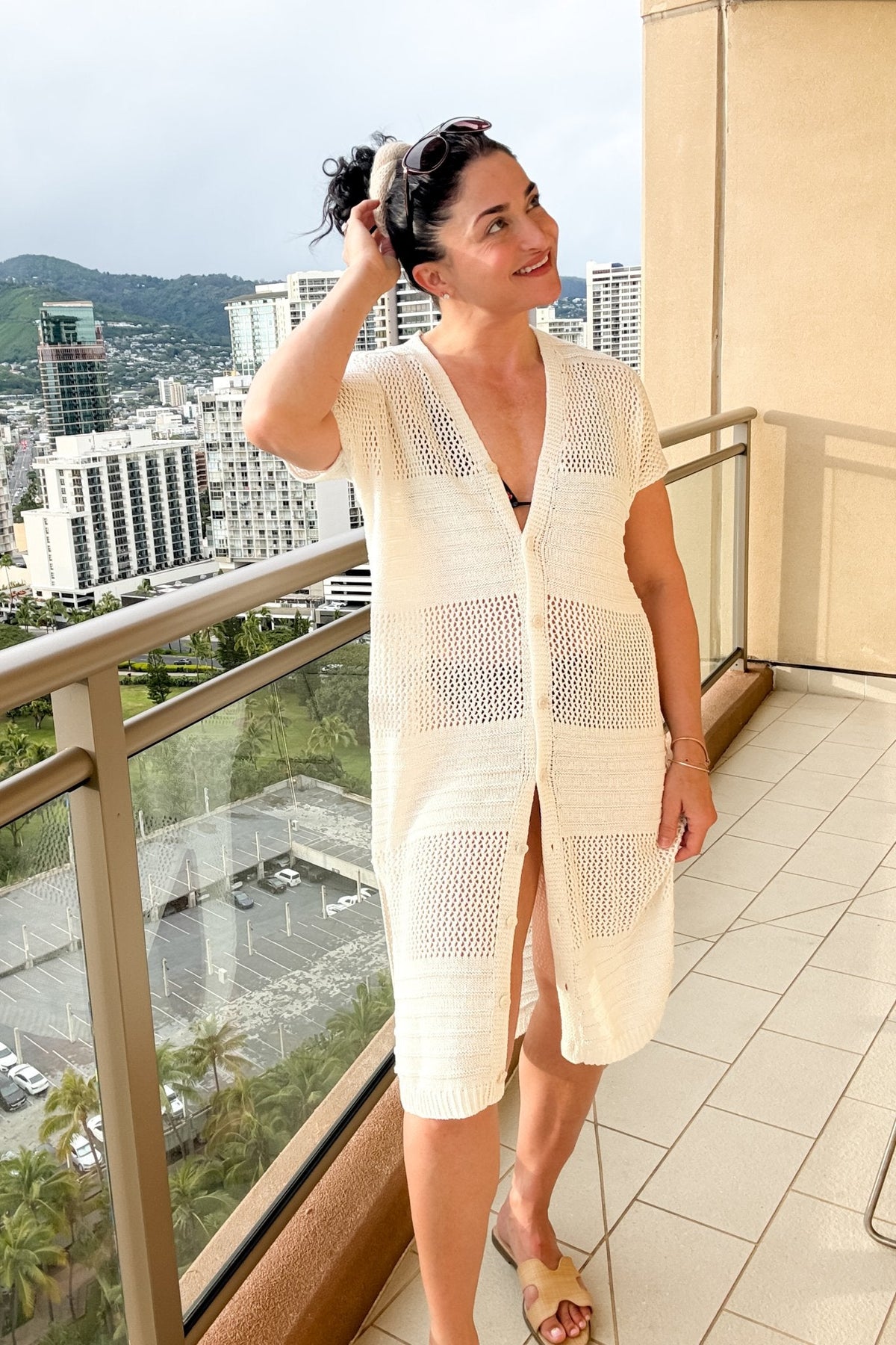 Women’s Cream Crochet Cover Up Duster – Button Front - Women's Dresses - Blooming Daily