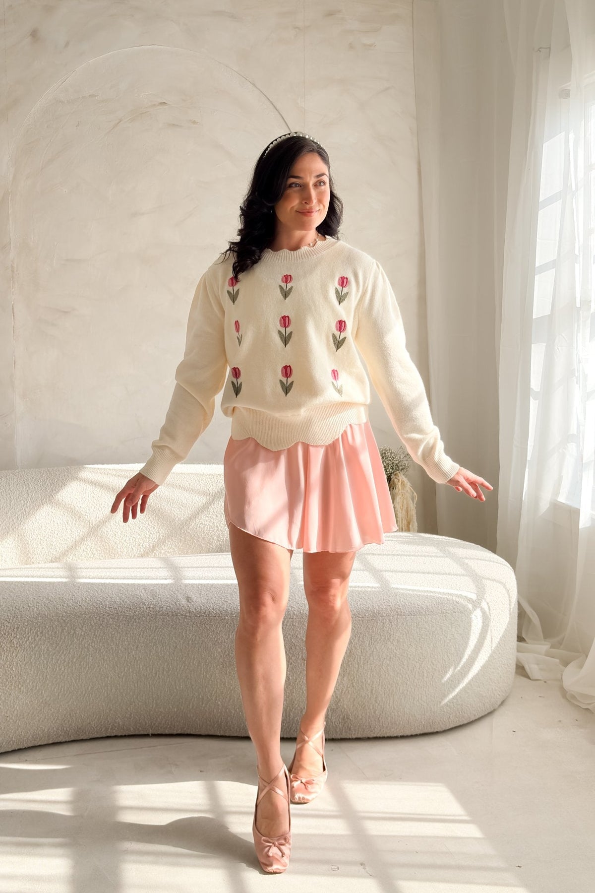 Women’s Cream Tulip Embroidered Lightweight Sweater - Women's Sweaters - Blooming Daily