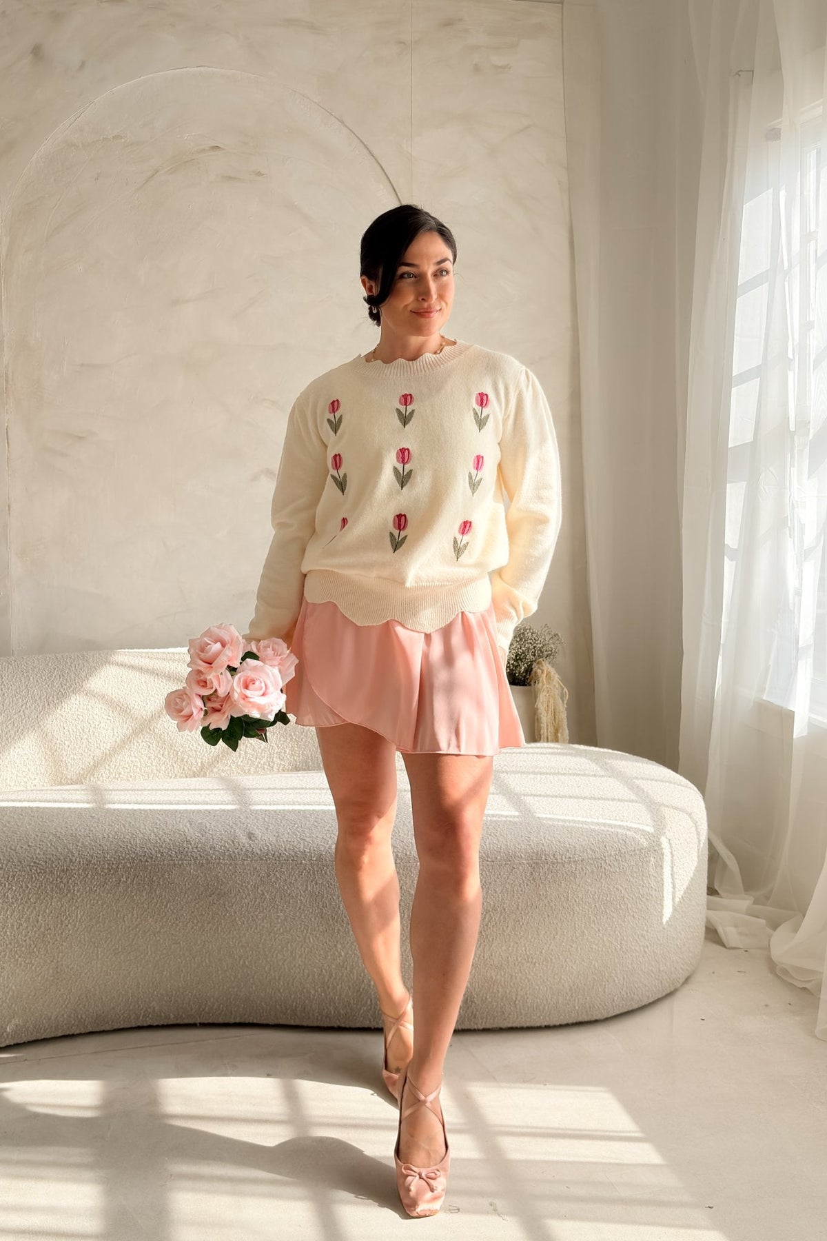 Women’s Cream Tulip Embroidered Lightweight Sweater - Women's Sweaters - Blooming Daily