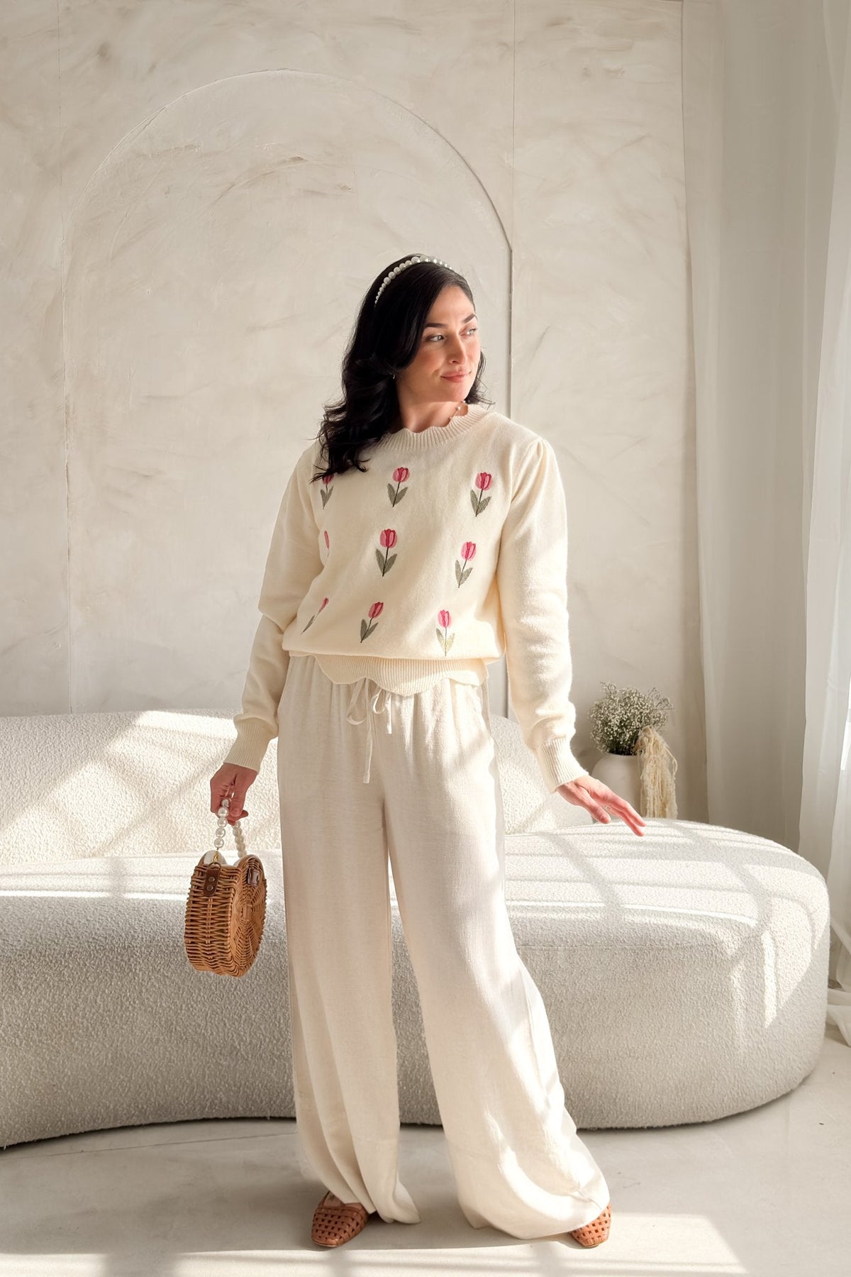 Women’s Cream Tulip Embroidered Lightweight Sweater - Women's Sweaters - Blooming Daily