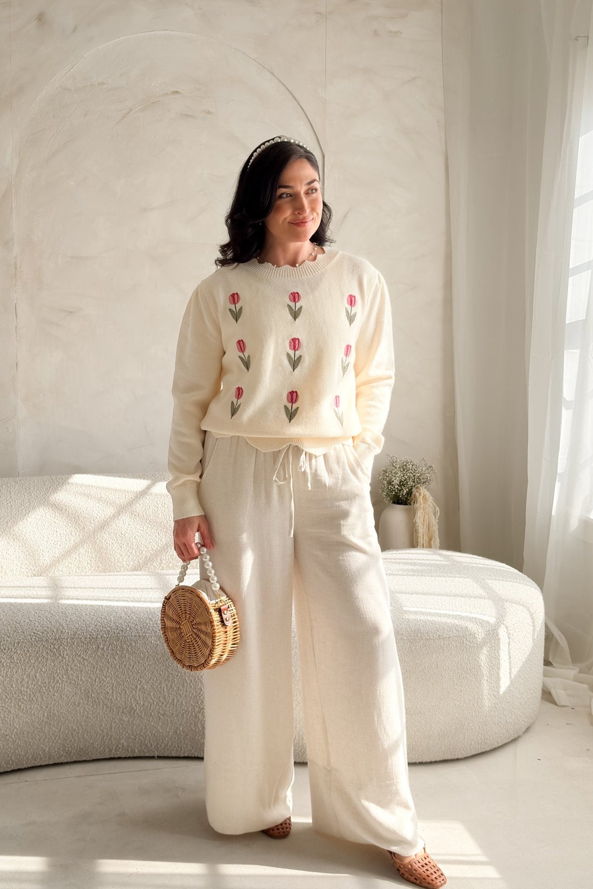 Women’s Cream Tulip Embroidered Lightweight Sweater - Women's Sweaters - Blooming Daily