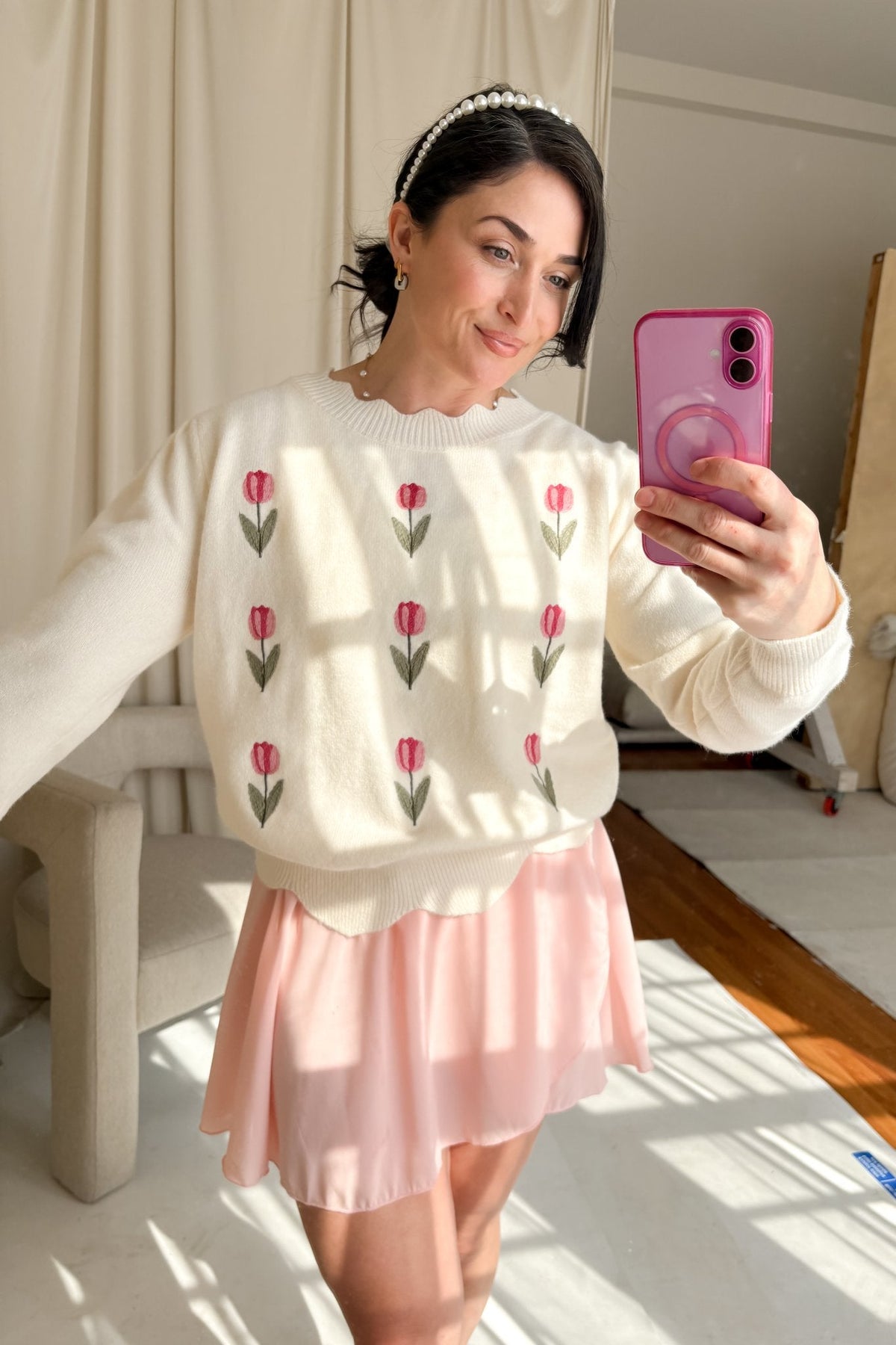Women’s Cream Tulip Embroidered Lightweight Sweater - Women's Sweaters - Blooming Daily