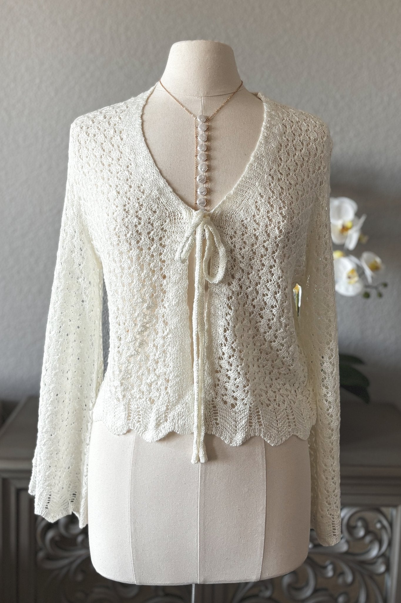 Women's Crochet Knit Tie Front Bell Sleeve Cardigan | Cream - Women's Shirts & Tops - Blooming Daily