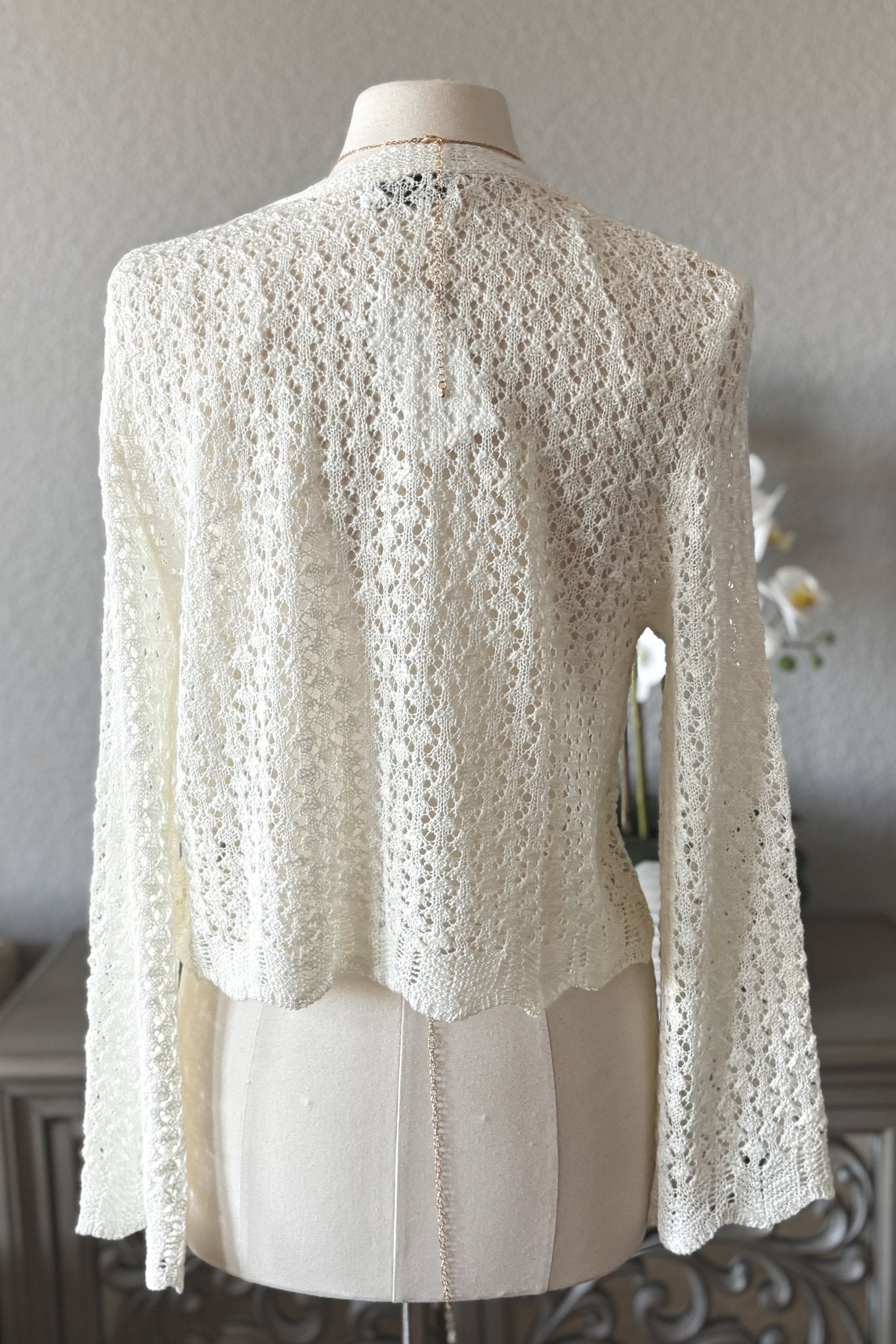 Women's Crochet Knit Tie Front Bell Sleeve Cardigan | Cream - Women's Shirts & Tops - Blooming Daily