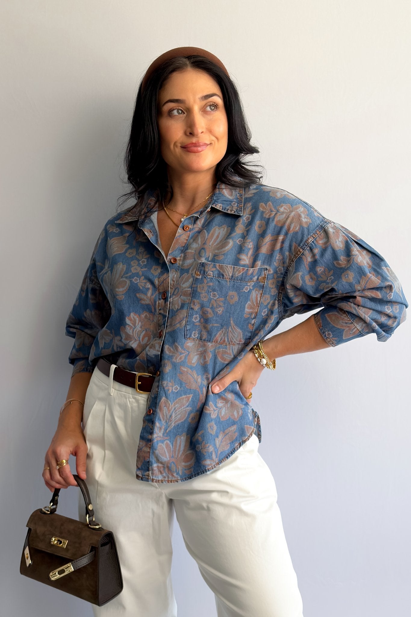 Women’s Denim Button - Down Shirt – Blue Floral - Women's Shirts & Tops - Blooming Daily