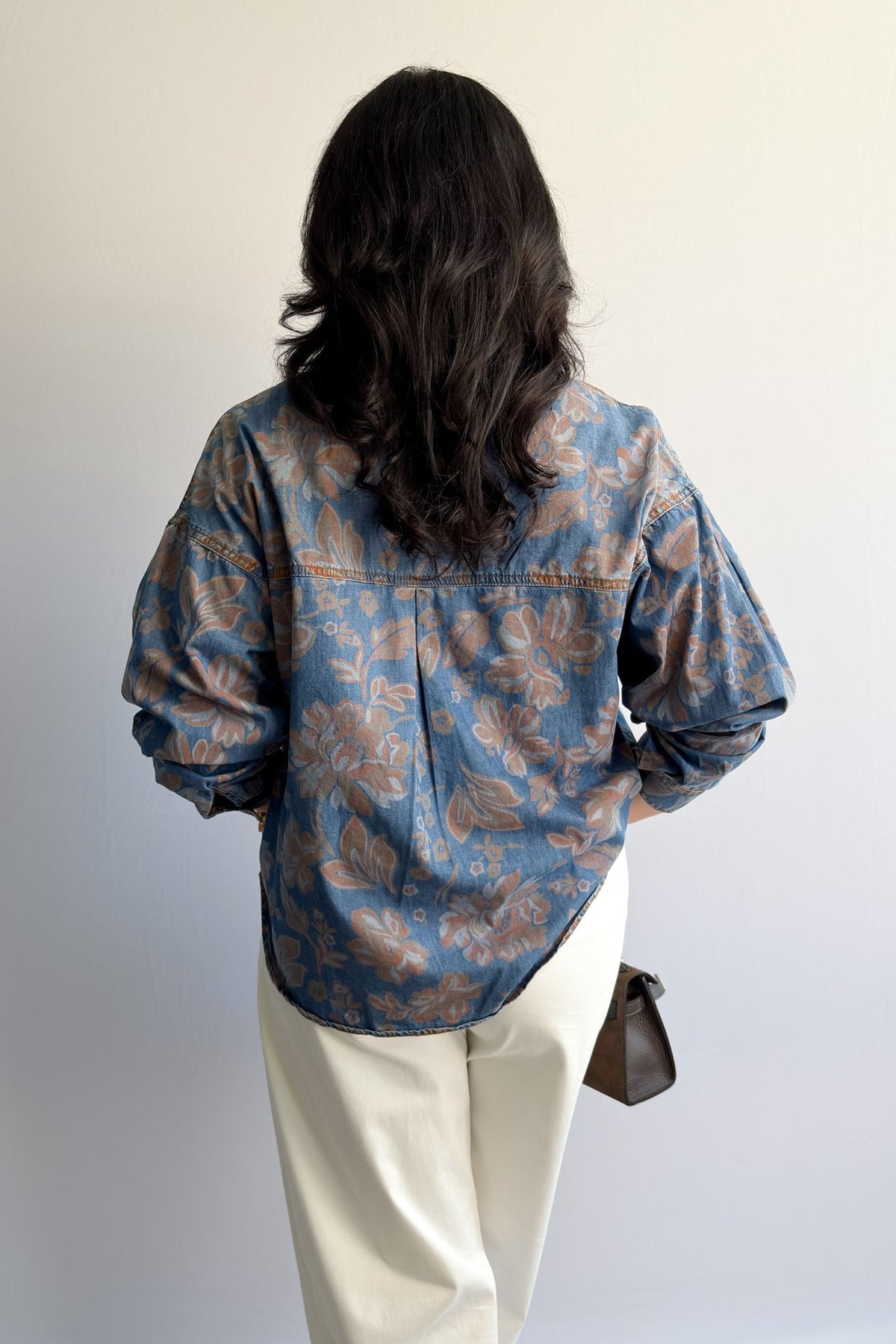 Women’s Denim Button - Down Shirt – Blue Floral - Women&#39;s Shirts &amp; Tops - Blooming Daily