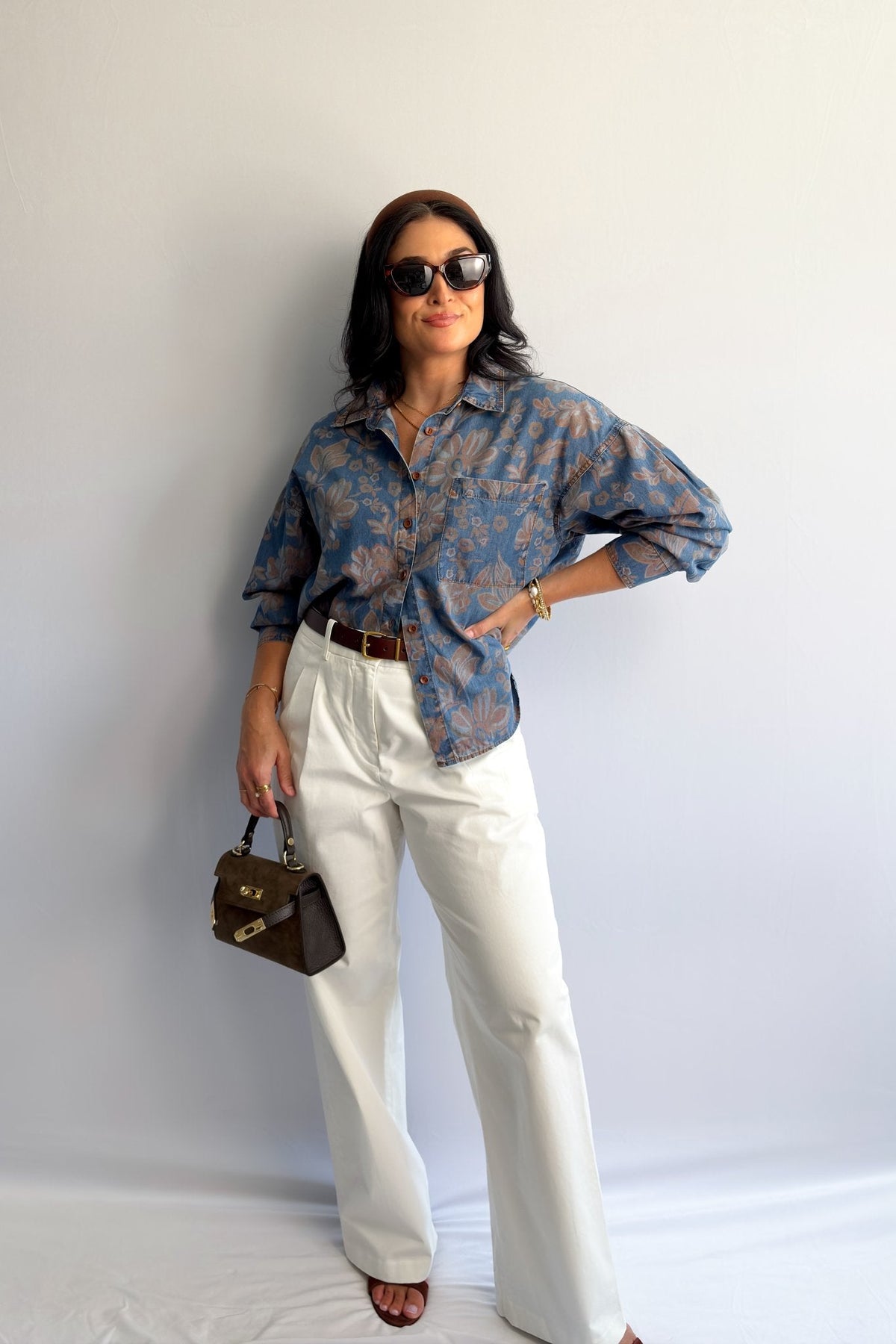 Women’s Denim Button - Down Shirt – Blue Floral - Women&#39;s Shirts &amp; Tops - Blooming Daily