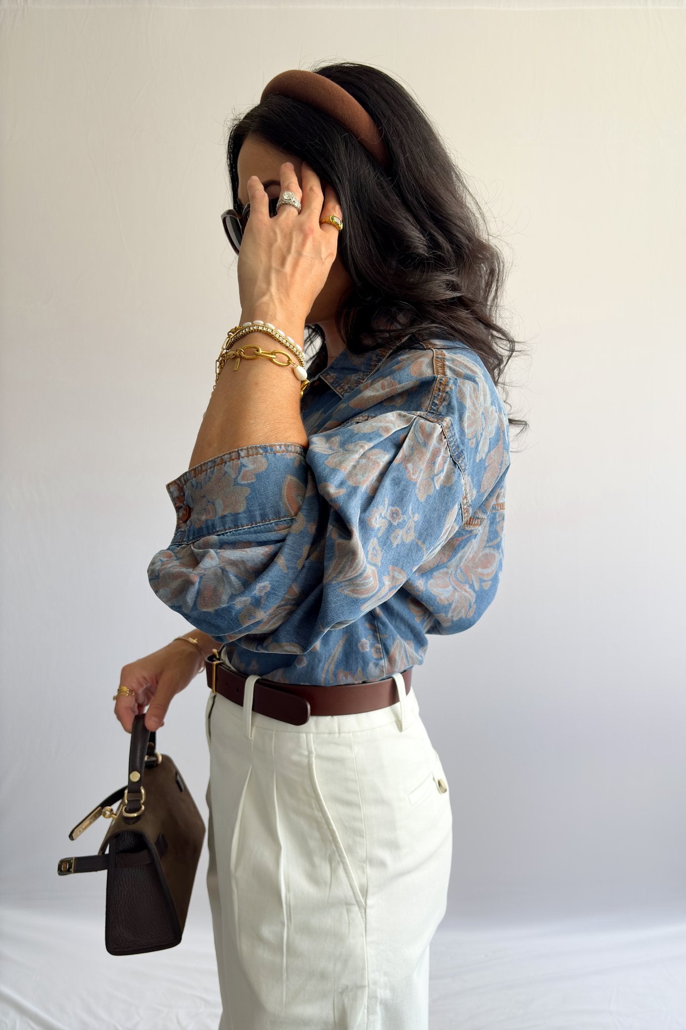 Women’s Denim Button - Down Shirt – Blue Floral - Women's Shirts & Tops - Blooming Daily