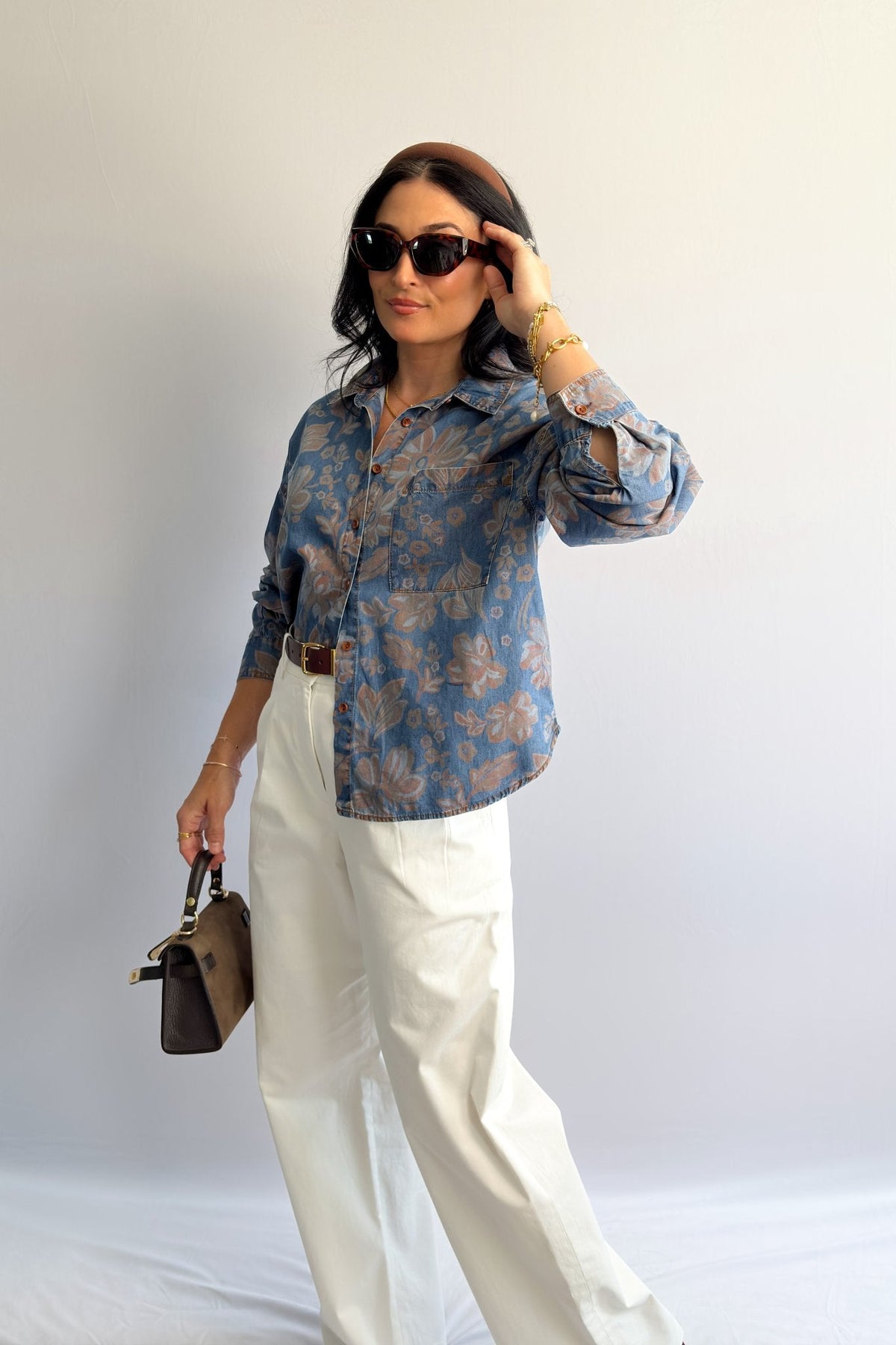 Women’s Denim Button - Down Shirt – Blue Floral - Women&#39;s Shirts &amp; Tops - Blooming Daily