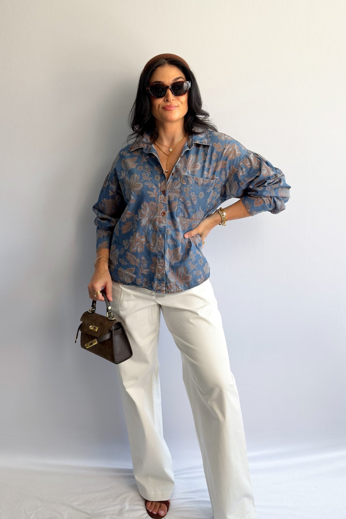 Women’s Denim Button - Down Shirt – Blue Floral - Women&#39;s Shirts &amp; Tops - Blooming Daily