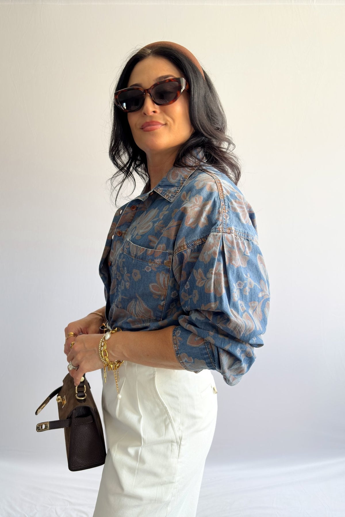 Women’s Denim Button - Down Shirt – Blue Floral - Women&#39;s Shirts &amp; Tops - Blooming Daily