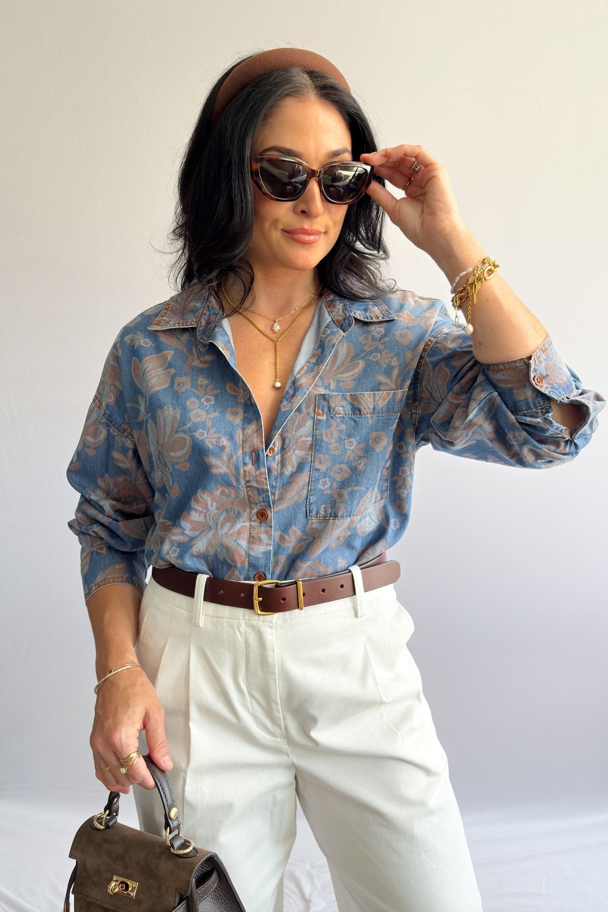 Women’s Denim Button - Down Shirt – Blue Floral - Women&#39;s Shirts &amp; Tops - Blooming Daily