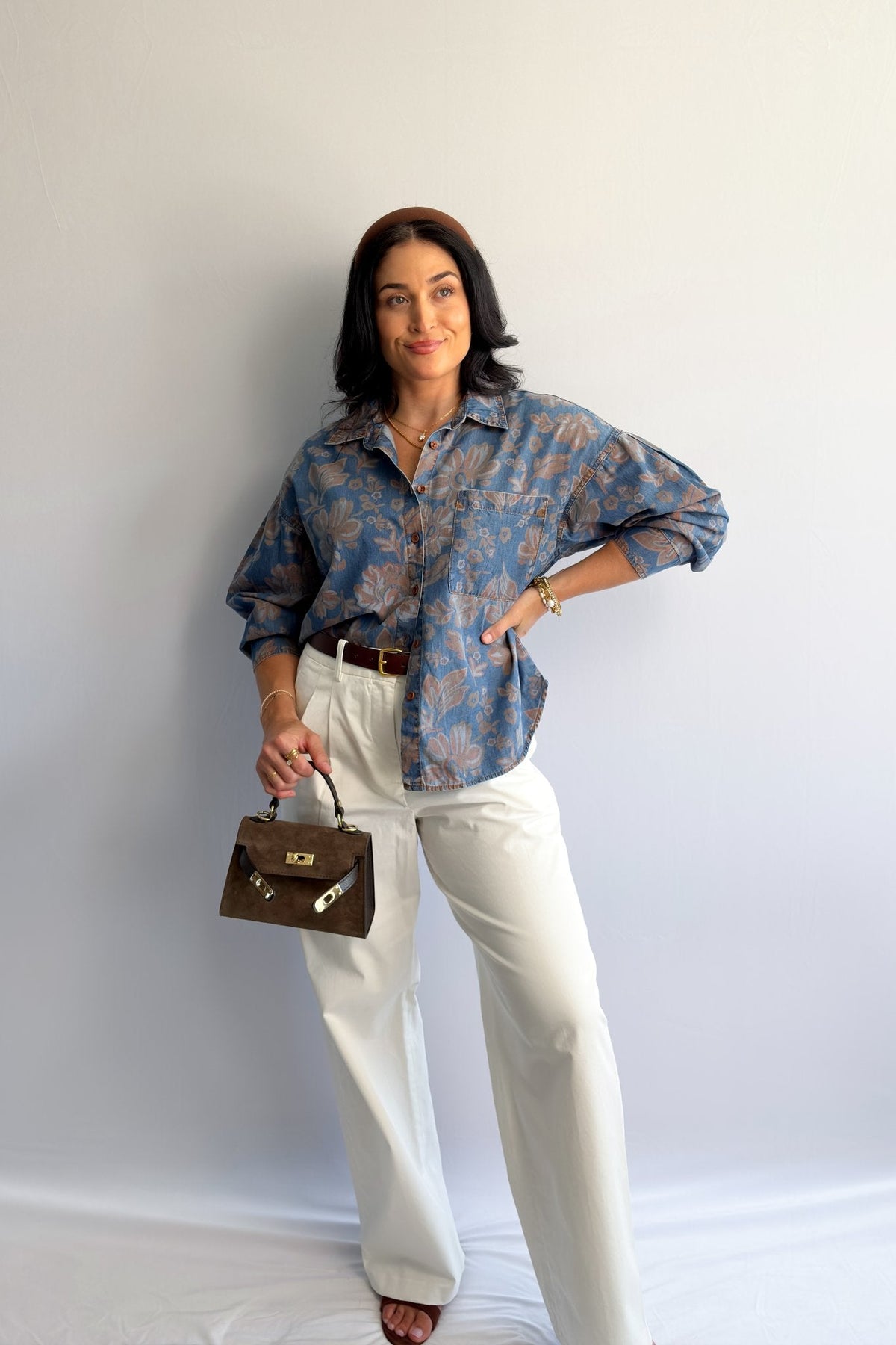 Women’s Denim Button - Down Shirt – Blue Floral - Women&#39;s Shirts &amp; Tops - Blooming Daily