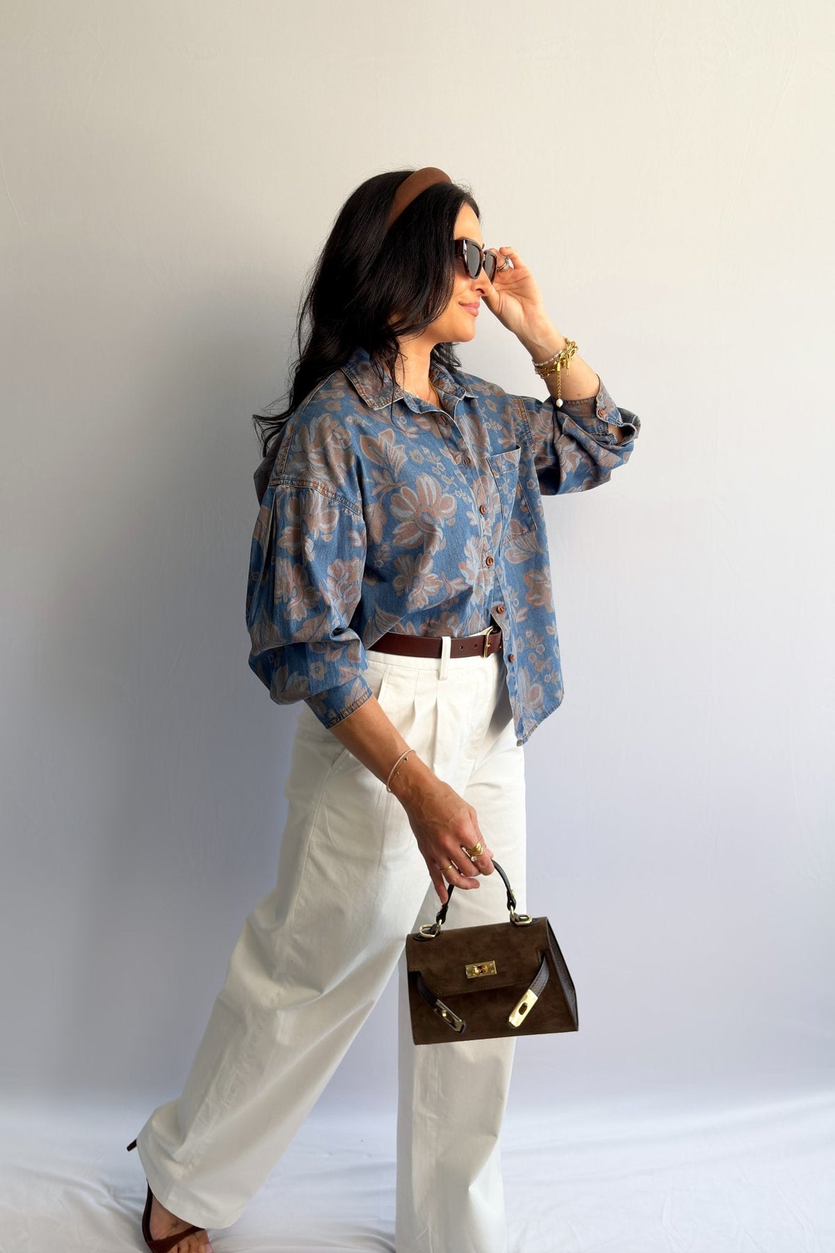 Women’s Denim Button - Down Shirt – Blue Floral - Women&#39;s Shirts &amp; Tops - Blooming Daily