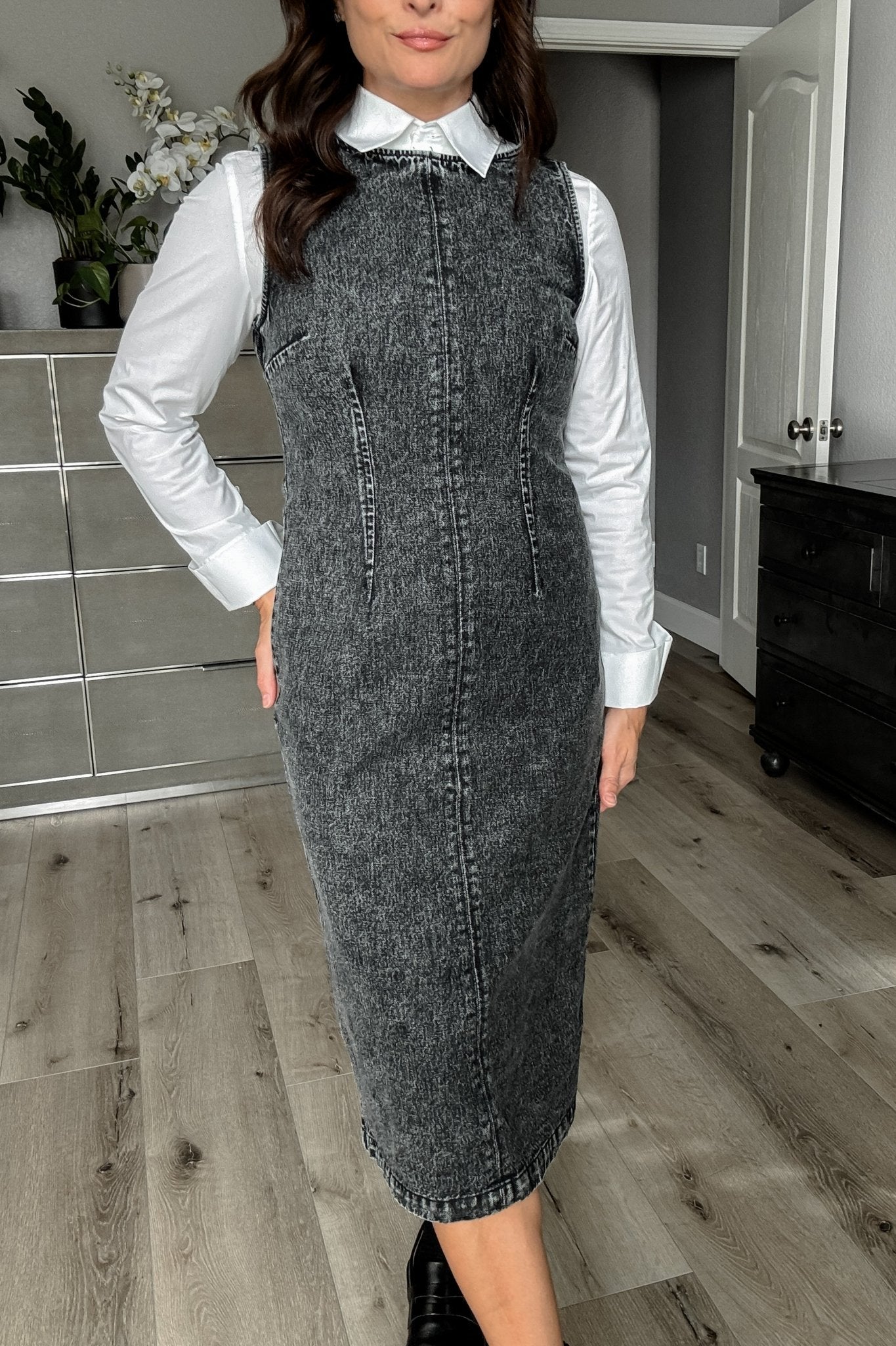 denim grey dress Charcoal Mineral Wash Denim Long Sleeve Mini Dress