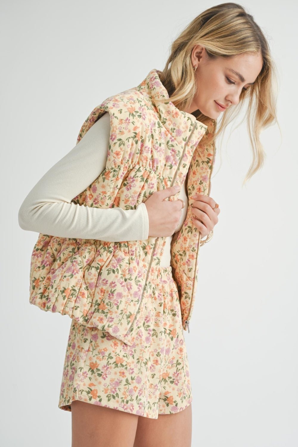 Women's Floral Baby Corduroy Puffer Vest | Cream Yellow - Women's Jacket - Blooming Daily